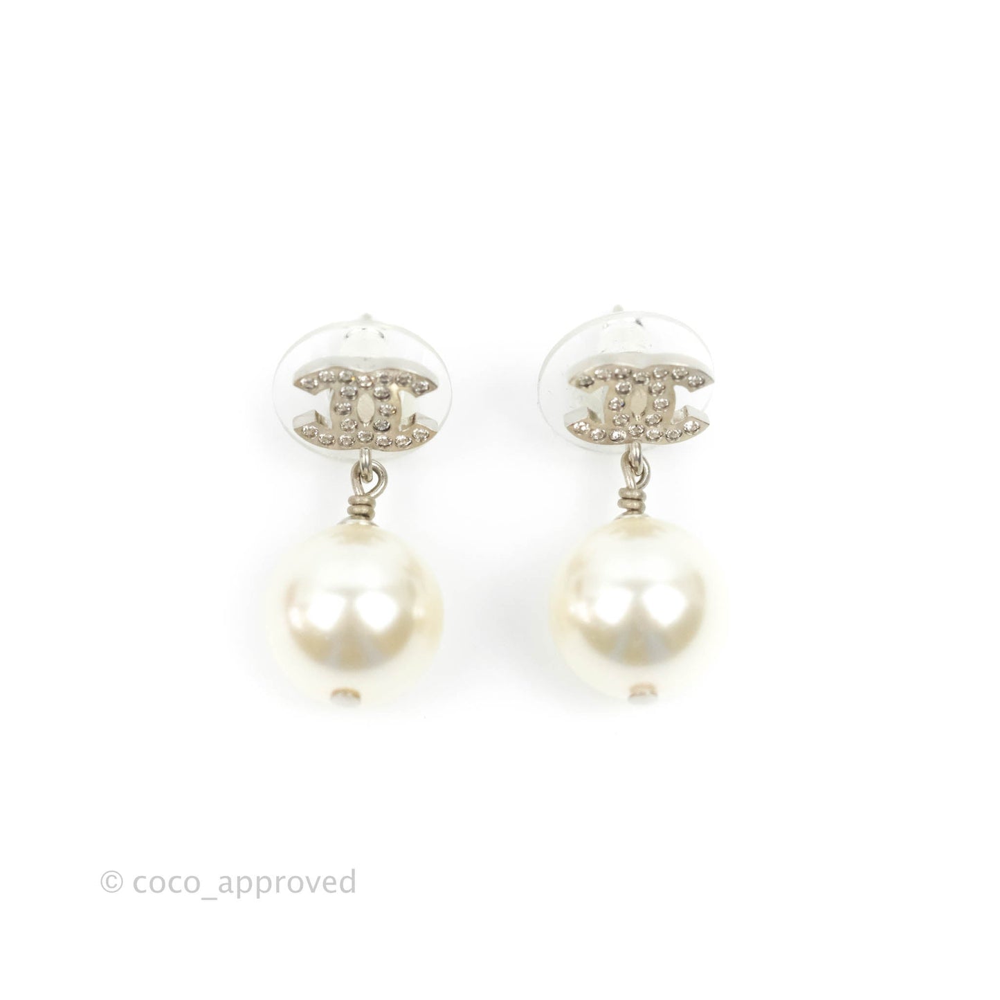 Chanel CC Crystal Pearl Drop Earrings Silver Tone 23V