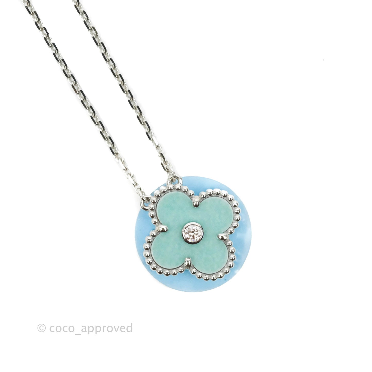 Van Cleef & Arpels Vintage Alhambra Necklace Green Celadon Sevres Porcelain Diamond White Gold