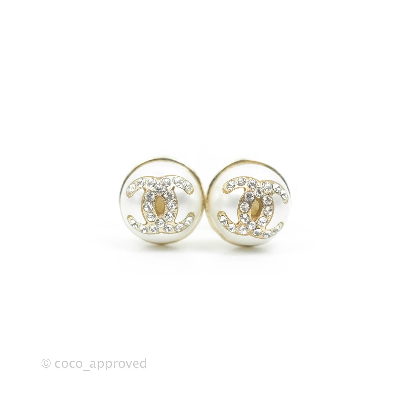 Chanel CC Pearl Rhinestone Earrings Gold Tone 21A
