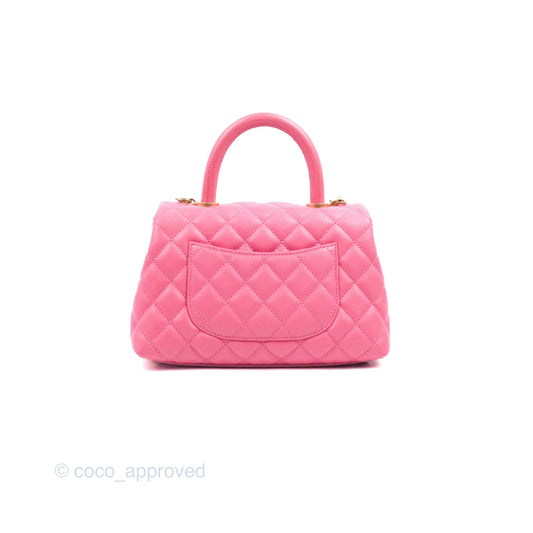 Chanel Small Coco Handle Quilted Pink Caviar Aged Gold Hardware Lizard Embossed Handle