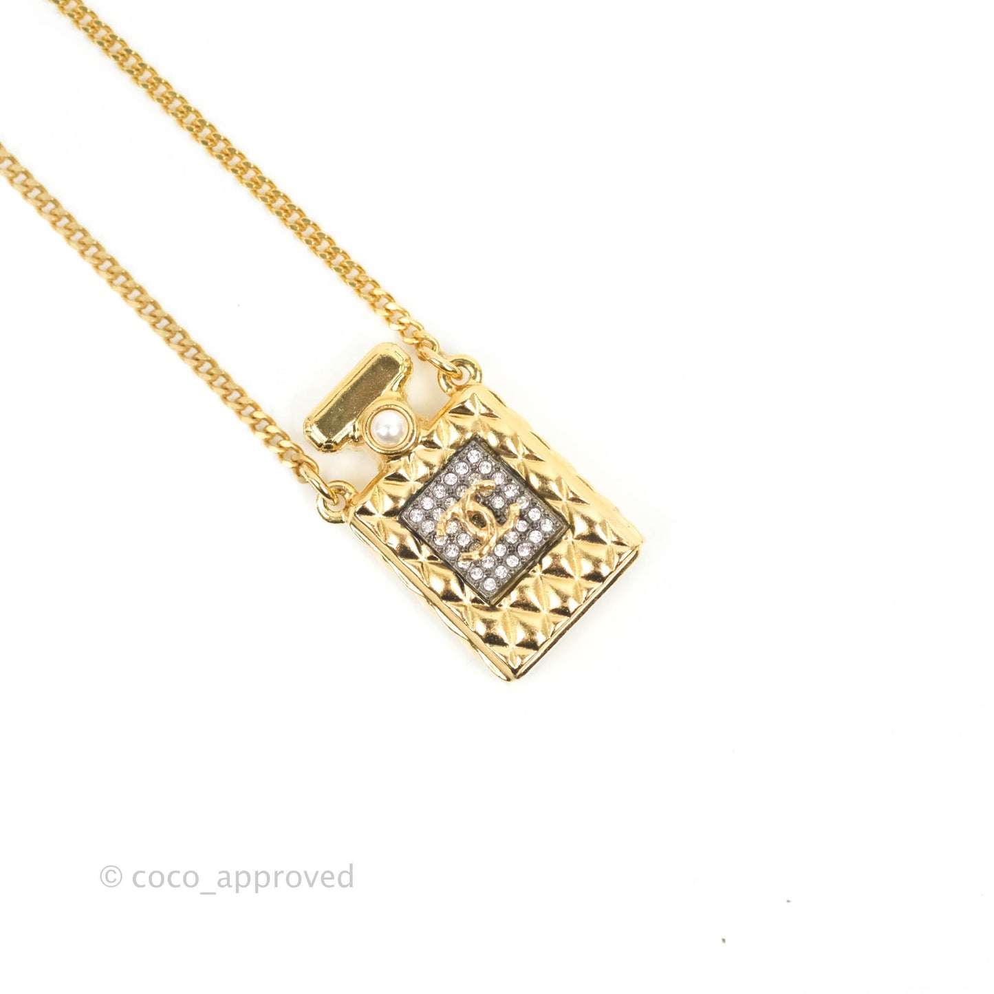 Chanel CC Crystal Pearl Perfume Bottle Necklace Gold Tone 20A