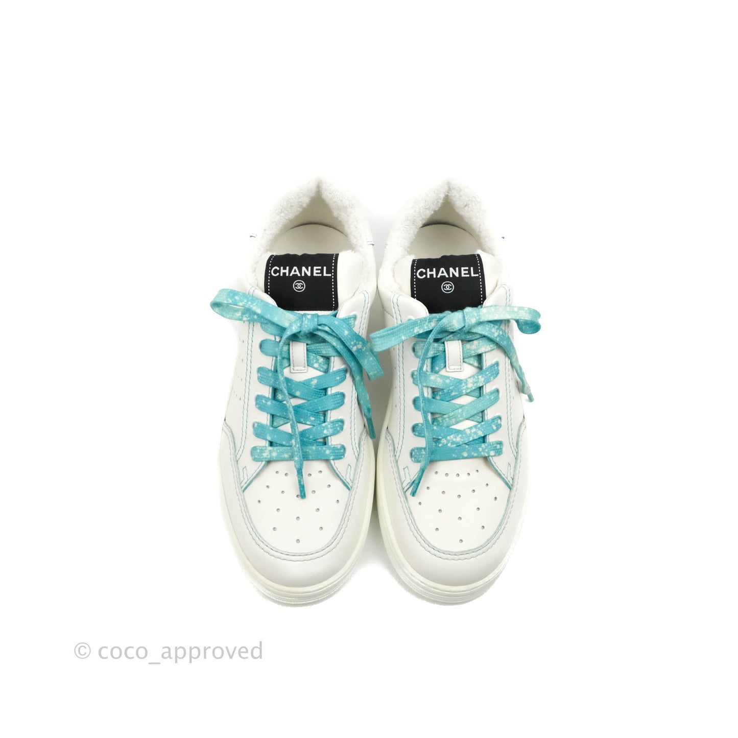 Chanel Calfskin Logo Sneakers White Blue Size 39