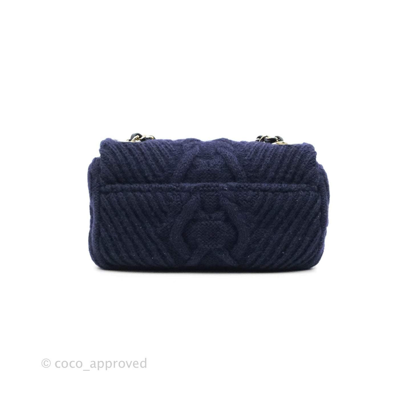Chanel Mini Rectangular Flap Navy Blue Cable Knit Gold Hardware