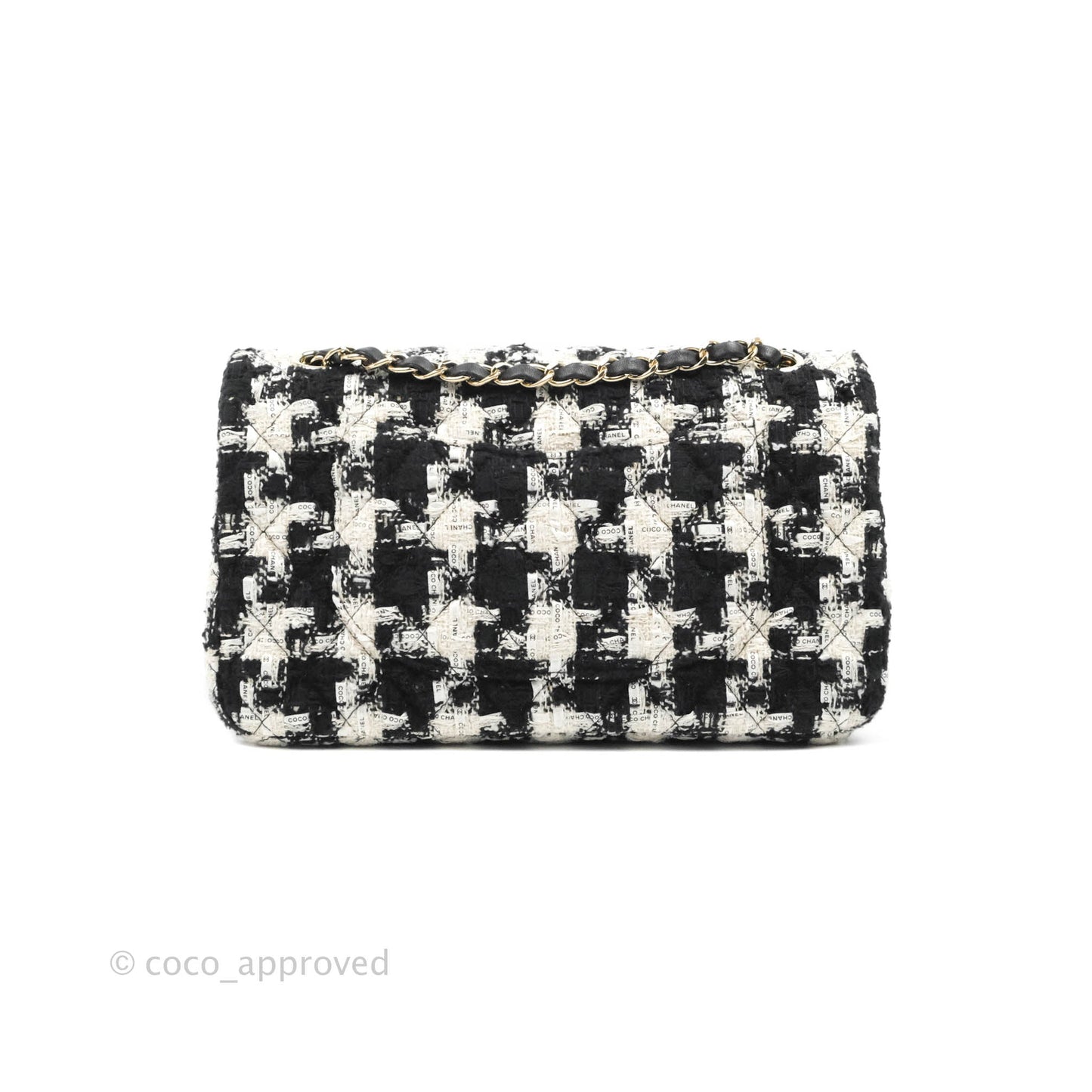 Chanel Quilted M/L Medium Double Flap Black White Houndstooth Tweed Gold Hardware