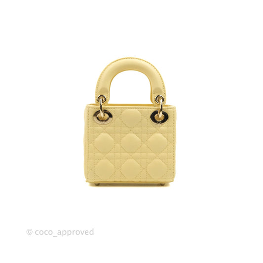 Christian Dior Micro Lady Dior Cannage Pale Yellow Lambskin Gold Hardware