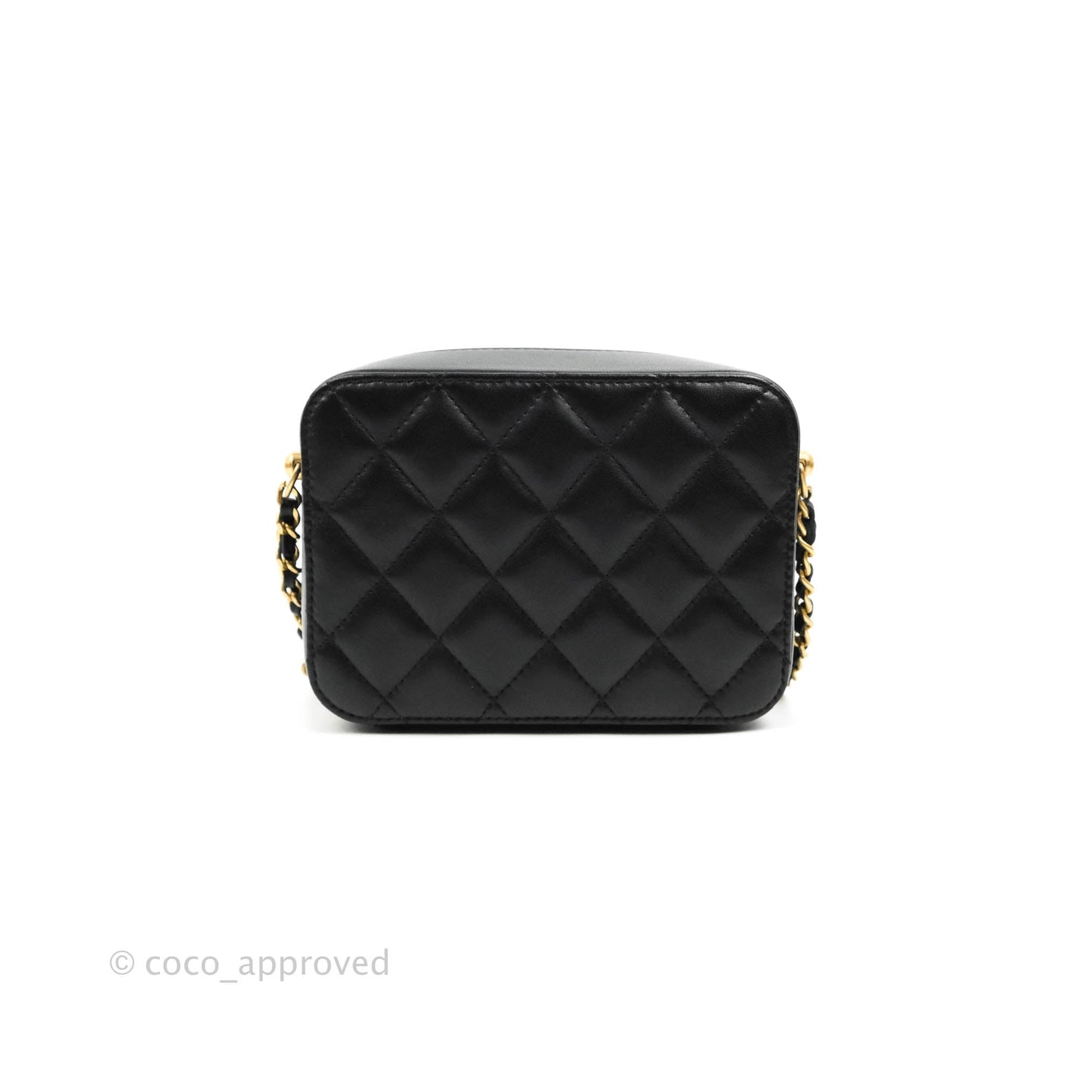 Chanel Mini Pearl Crush Quilted Camera Case Black Lambskin Aged Gold Hardware