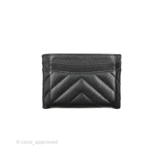 Chanel Classic Chevron Flat Card Holder Black Caviar Silver Hardware