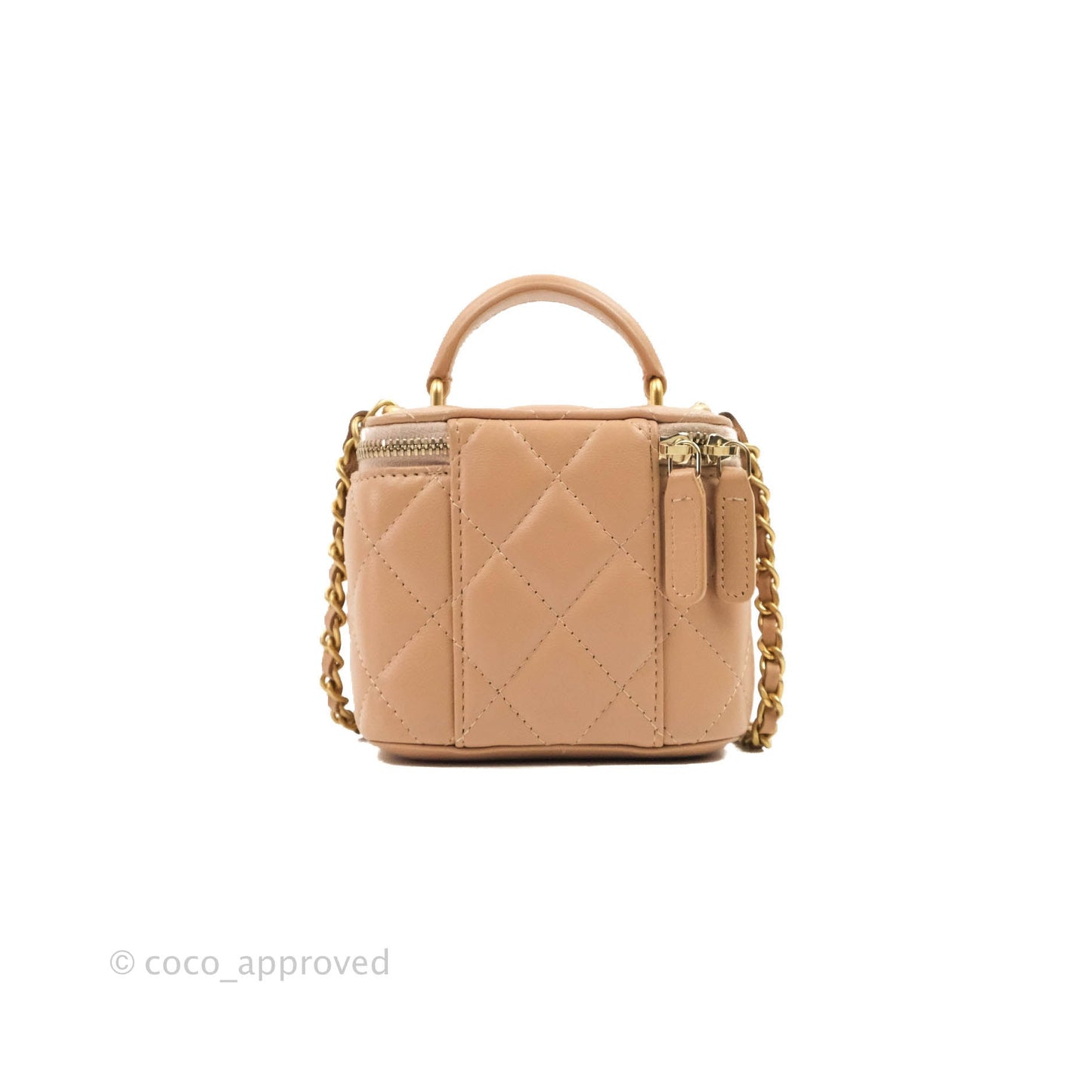 Chanel Mini Top Handle Vanity With Chain Beige Lambskin Aged Gold Hardware