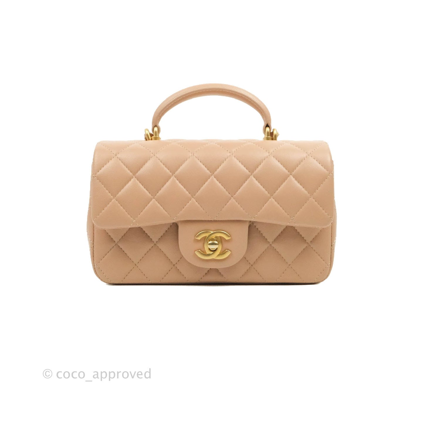 Chanel Top Handle Mini Rectangular Flap Bag Beige Lambskin Aged Gold Hardware