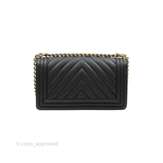 Chanel Chevron Medium Boy Black Grained Calfskin Gold Hardware