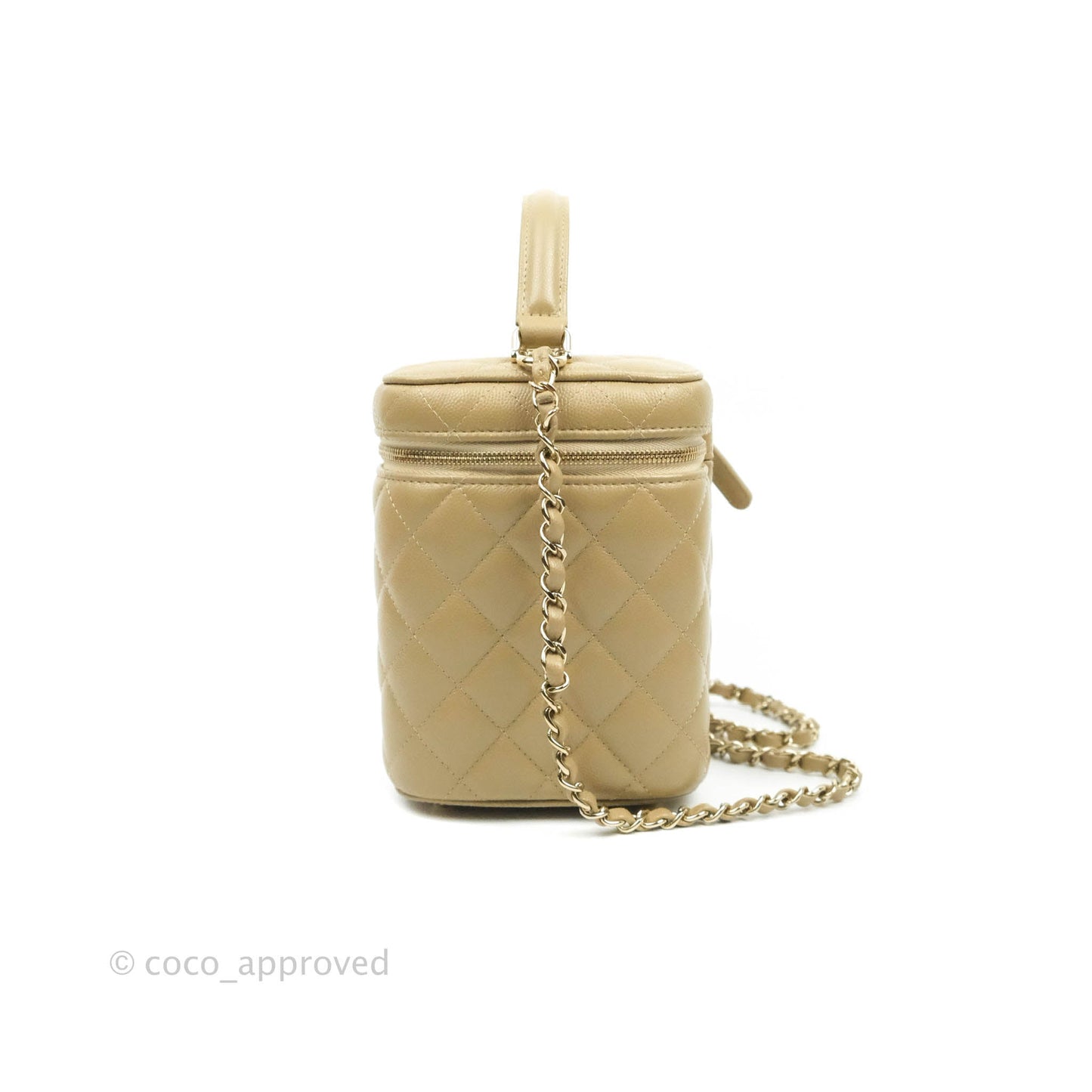 Chanel Small Quilted Top Handle Vanity Case Dark Beige Caviar Gold Hardware