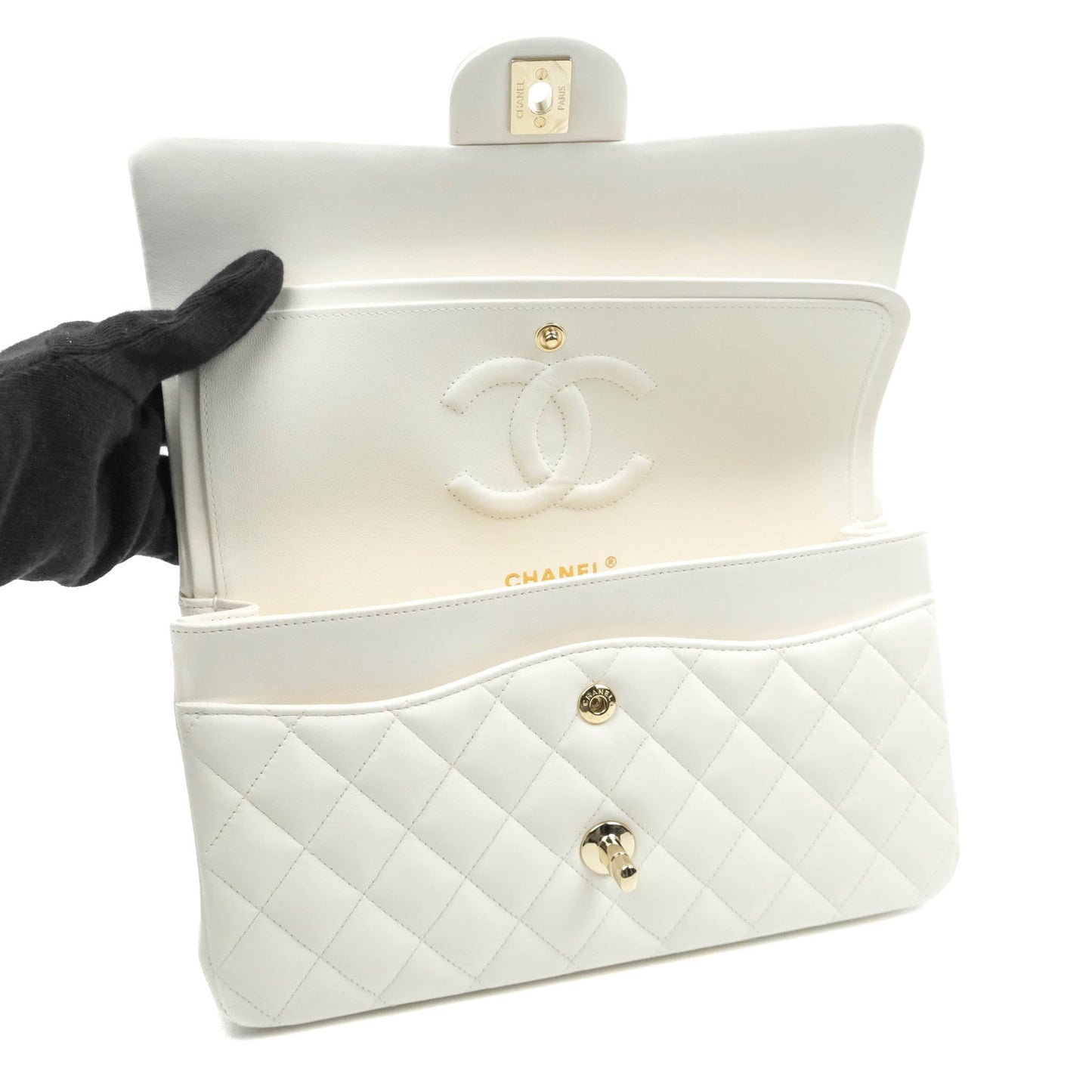 Chanel Quilted M/L Medium Double Flap White Lambskin Gold Hardware 21S