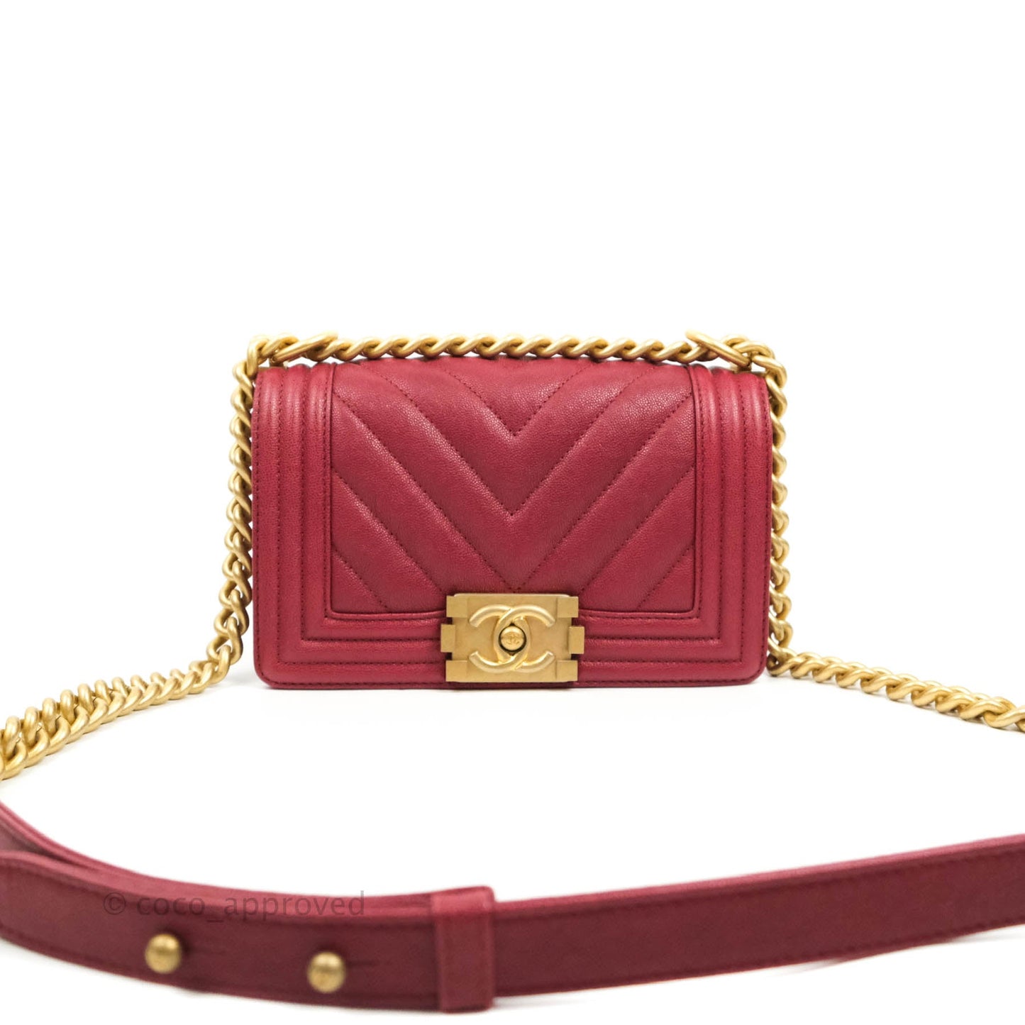 Chanel Small Chevron Boy Red Caviar Aged Gold Hardware
