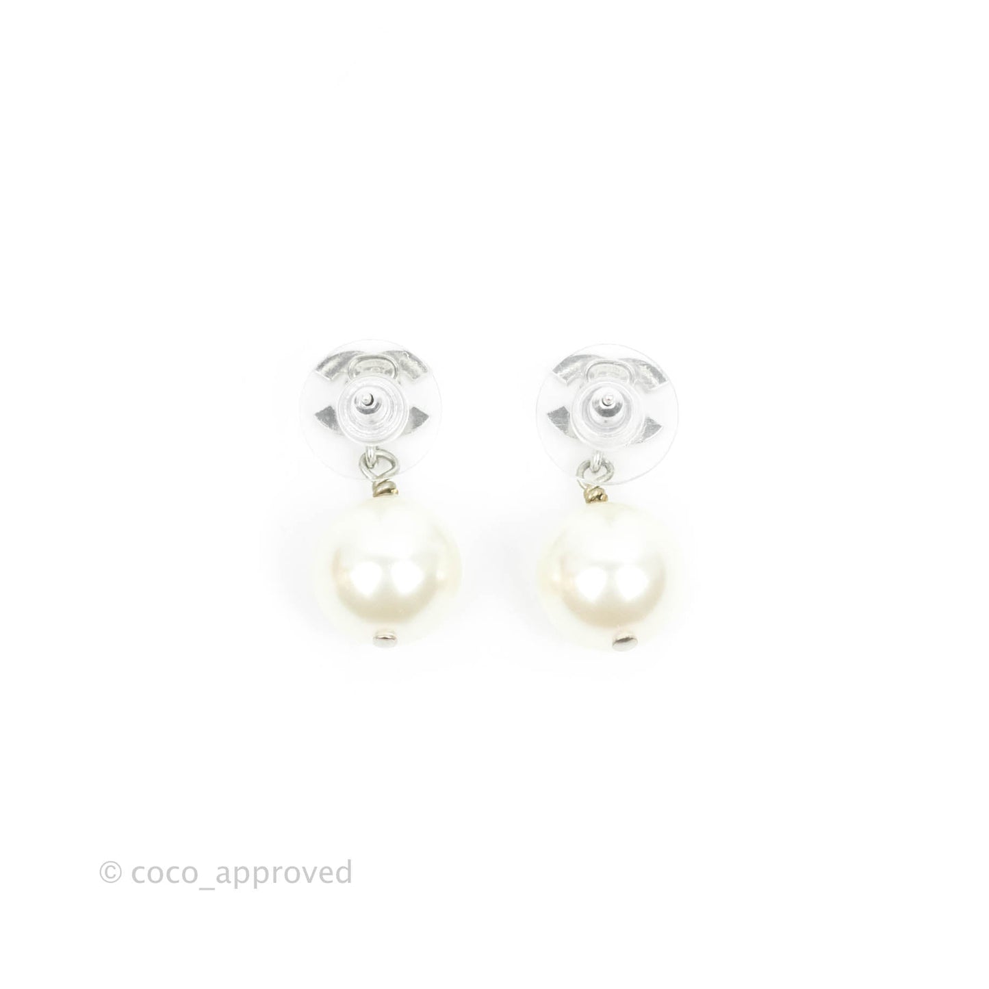 Chanel CC Rhinestone Pearl Drop Earrings Silver Tone 20V