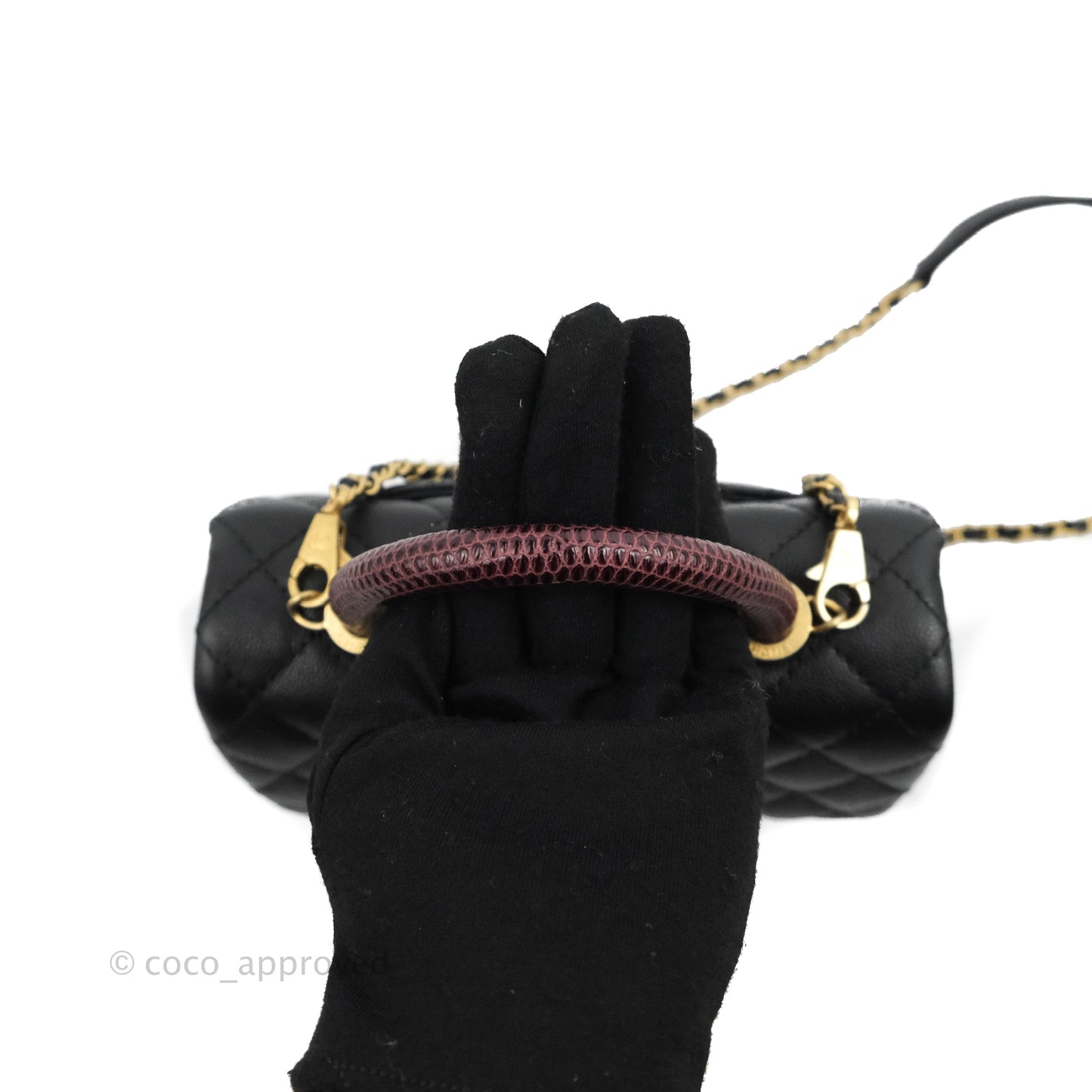 Chanel Small Coco Handle Quilted Black Caviar Aged Gold Hardware Lizard Handle