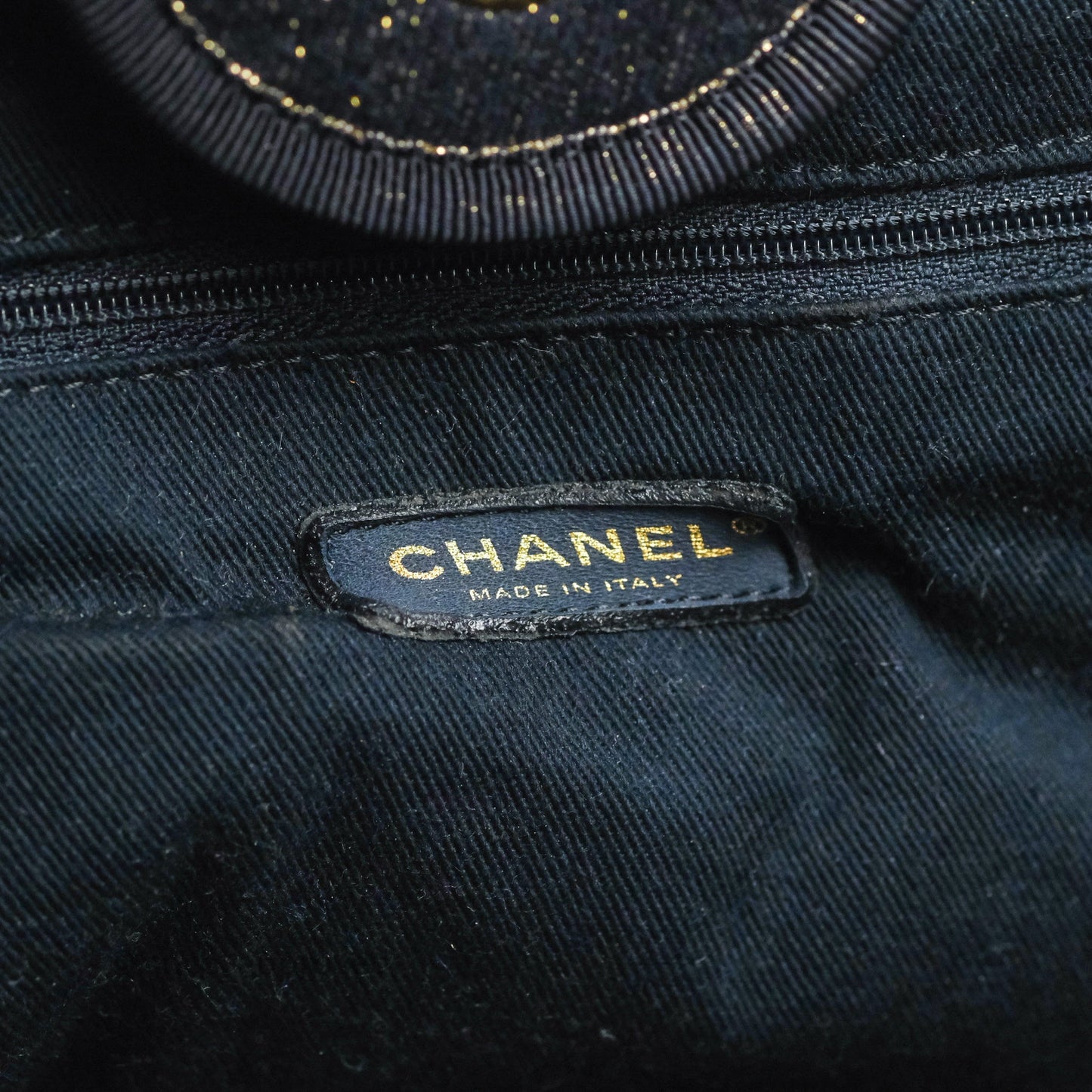 Chanel Canvas Large Deauville Tote Navy Glittery Gold Logo 19B