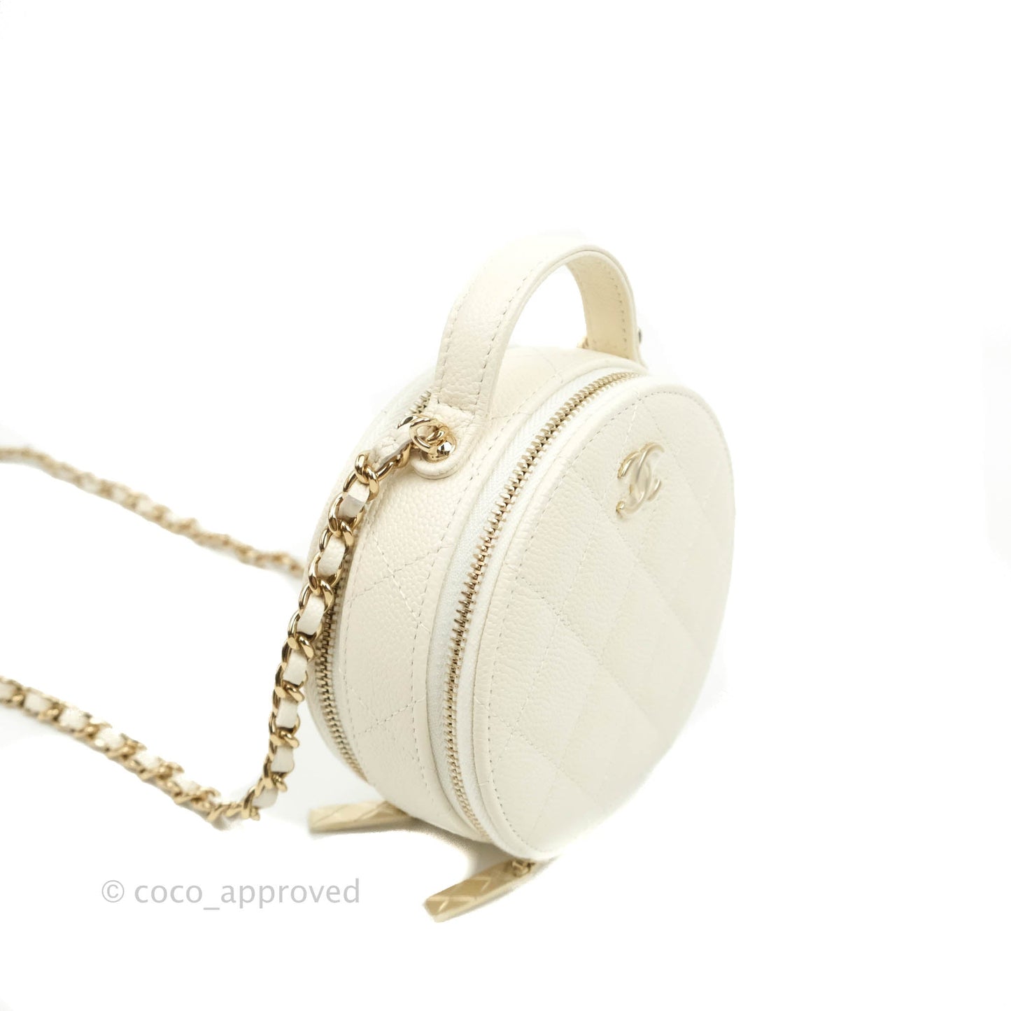 Chanel Mini Round Vanity Bag with Handle Ivory Caviar Gold Hardware 22C