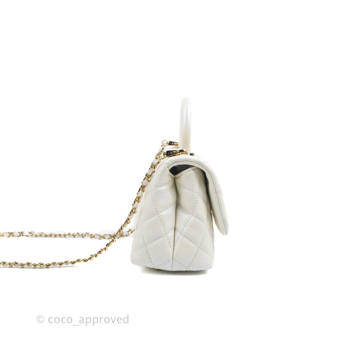 Chanel Mini Coco Handle Quilted Iridescent Pearl White Caviar Gold Hardware