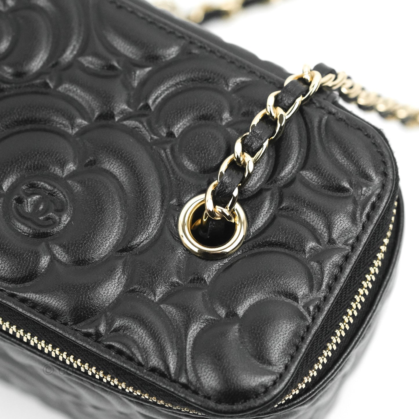 Chanel Vanity Rectangular Camellia Embossed Black Lambskin Gold Hardware