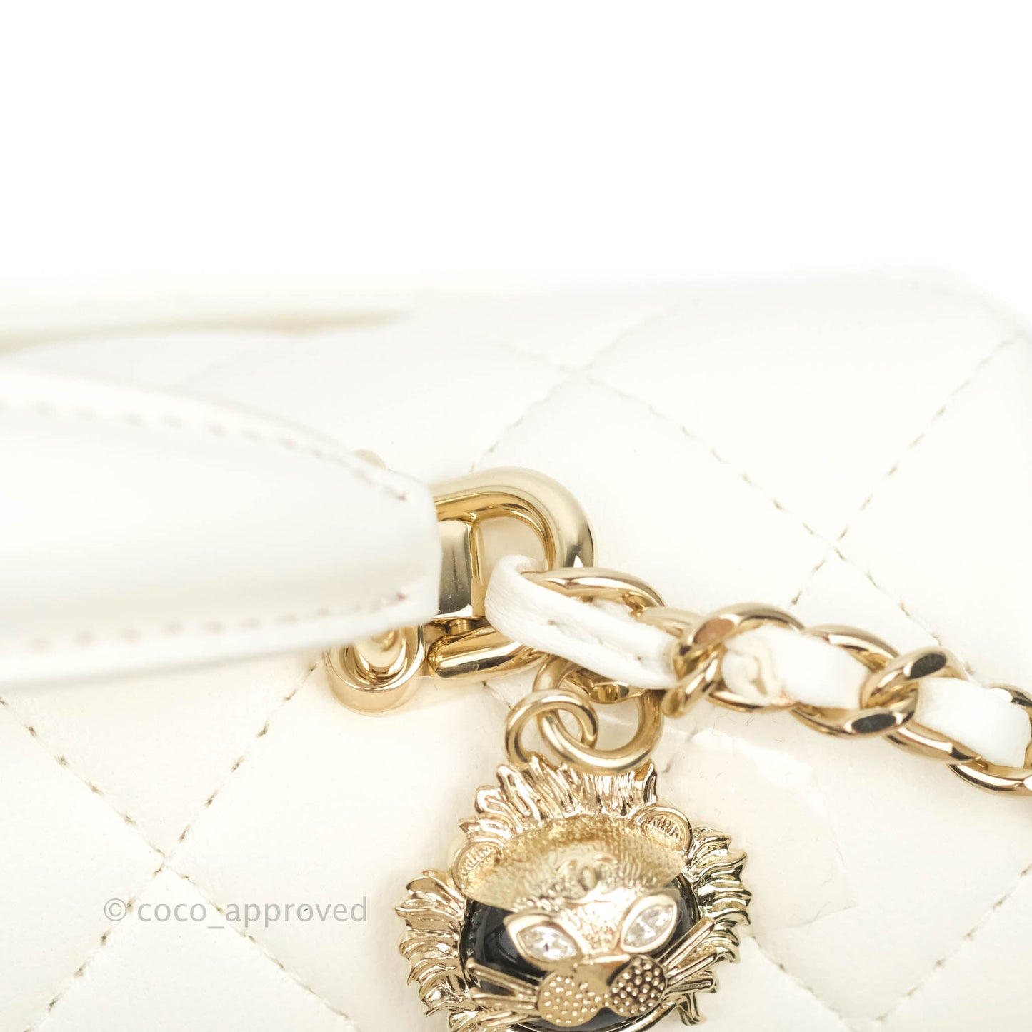 Chanel Top Handle Mini Rectangular Flap Bag with Charm White Lambskin Gold Hardware