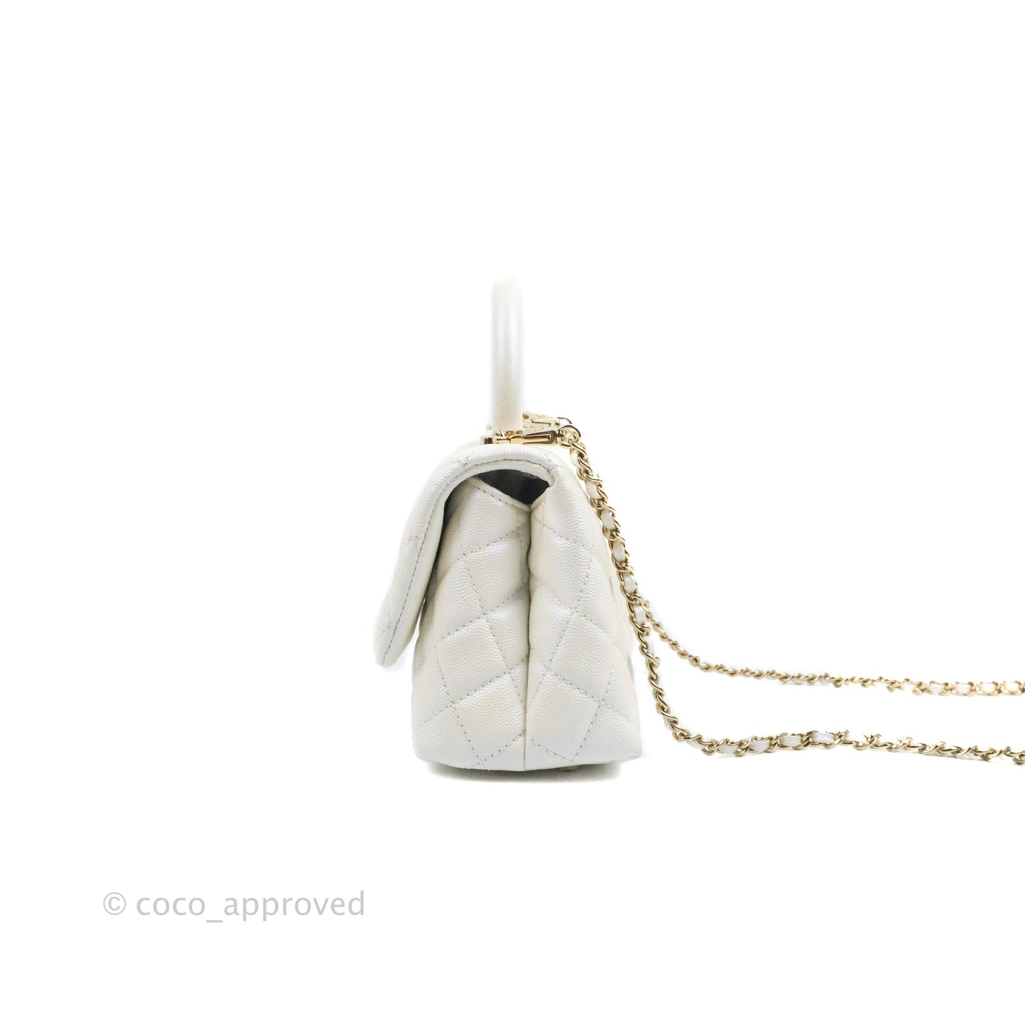 Chanel Mini Coco Handle Quilted Iridescent Pearl White Caviar Gold Hardware