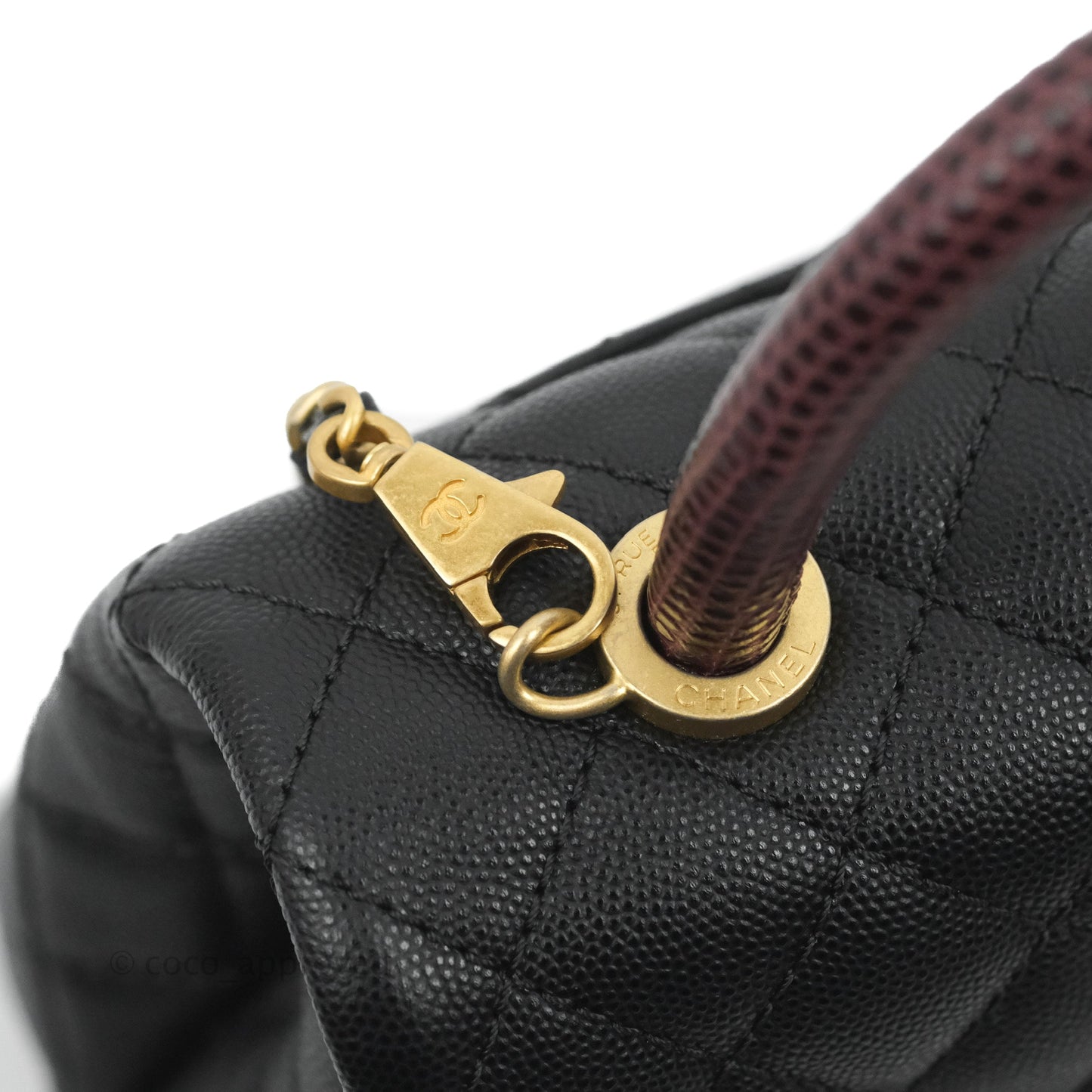 Chanel Small Coco Handle Quilted Black Caviar Aged Gold Hardware Lizard Handle