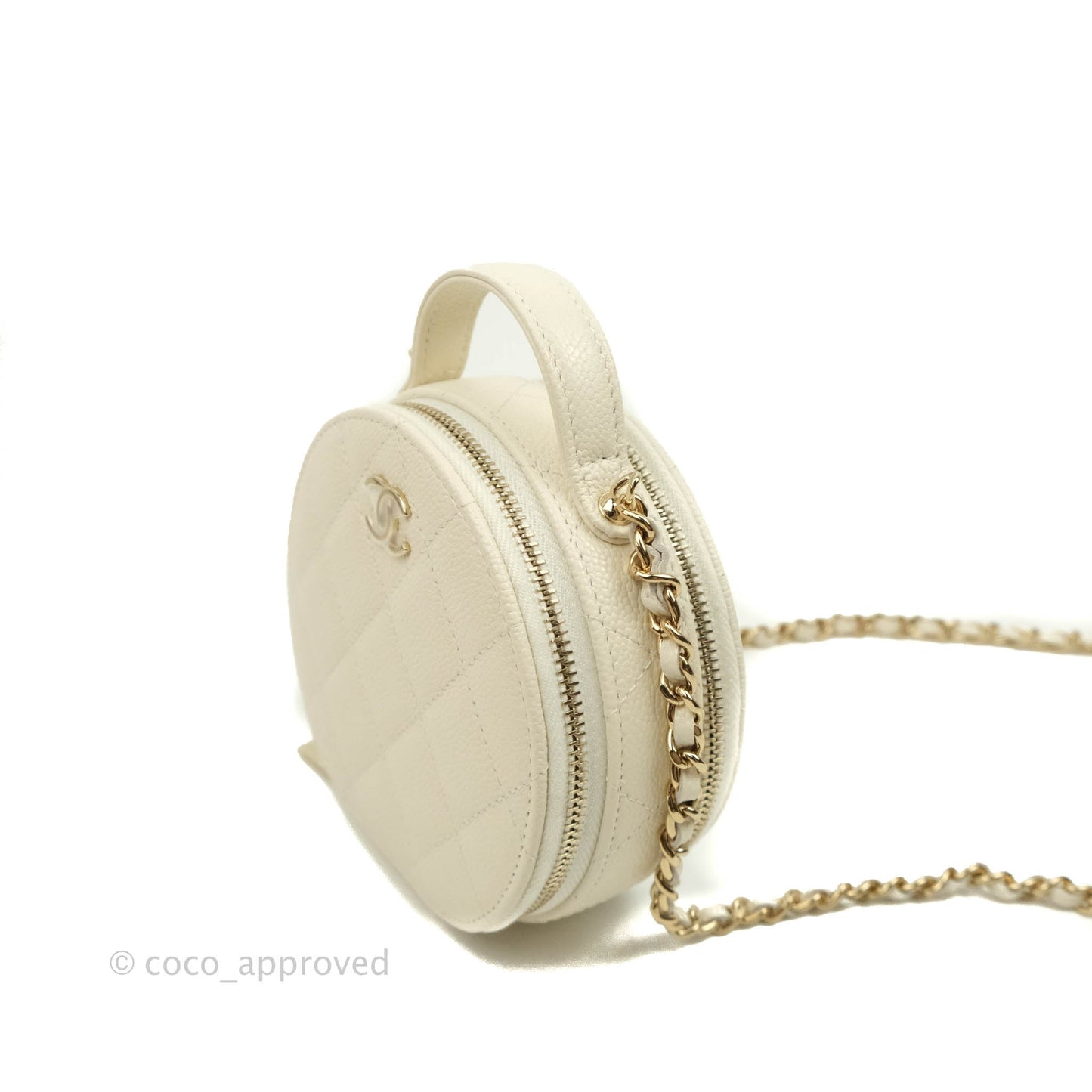 Chanel Mini Round Vanity Bag with Handle Ivory Caviar Gold Hardware 22C