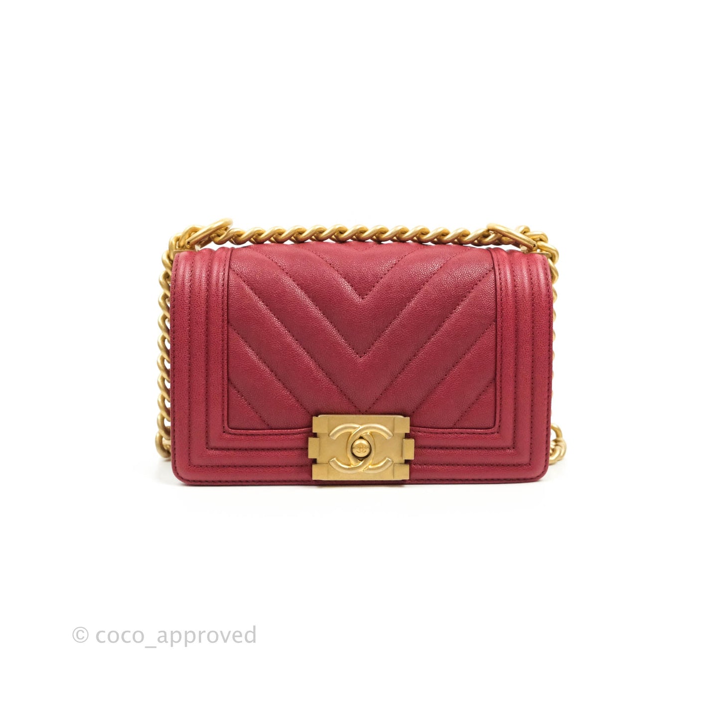 Chanel Small Chevron Boy Red Caviar Aged Gold Hardware