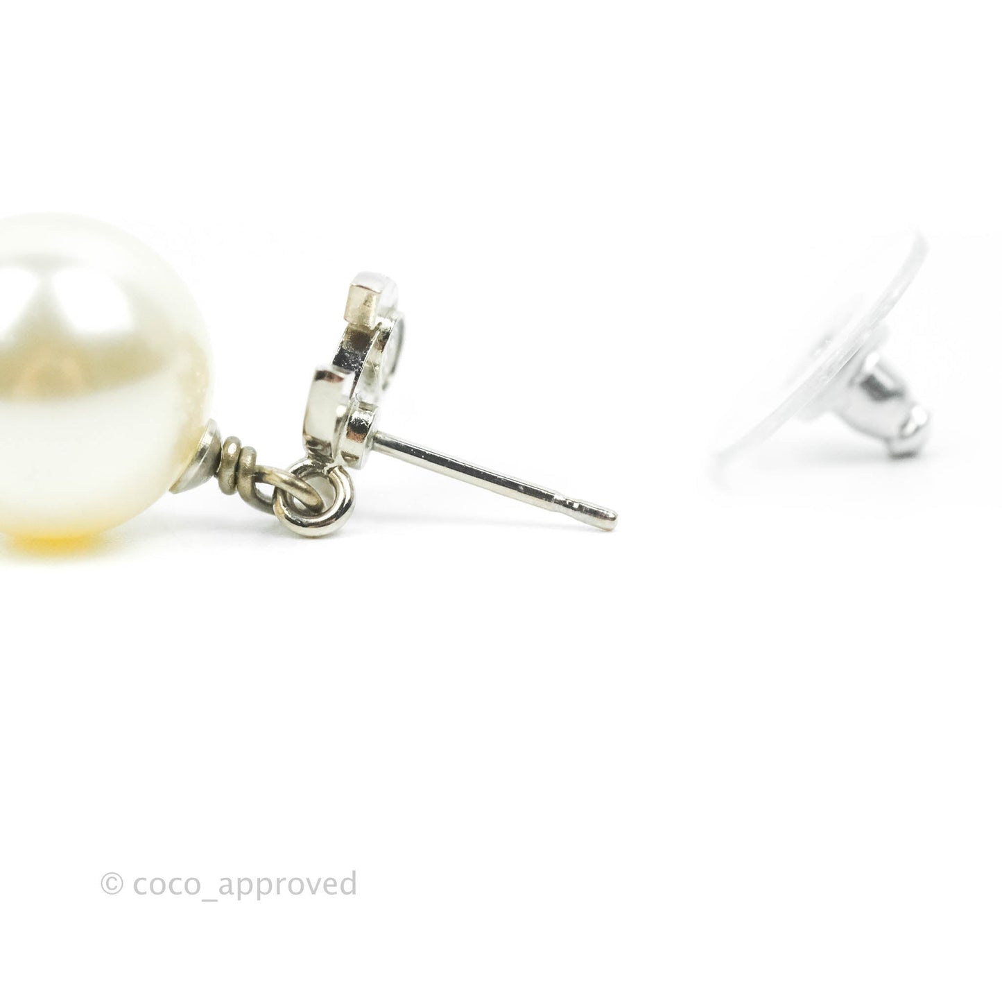 Chanel CC Rhinestone Pearl Drop Earrings Silver Tone 20V