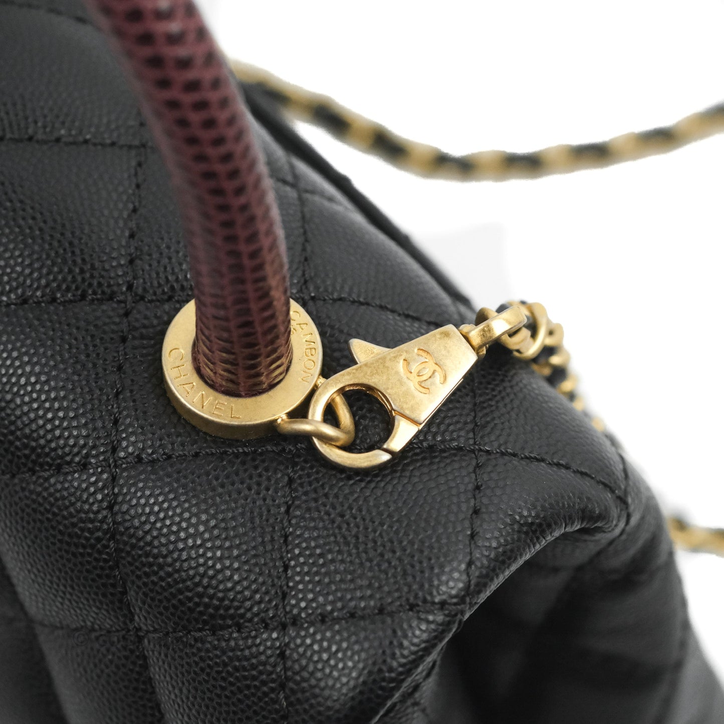 Chanel Small Coco Handle Quilted Black Caviar Aged Gold Hardware Lizard Handle