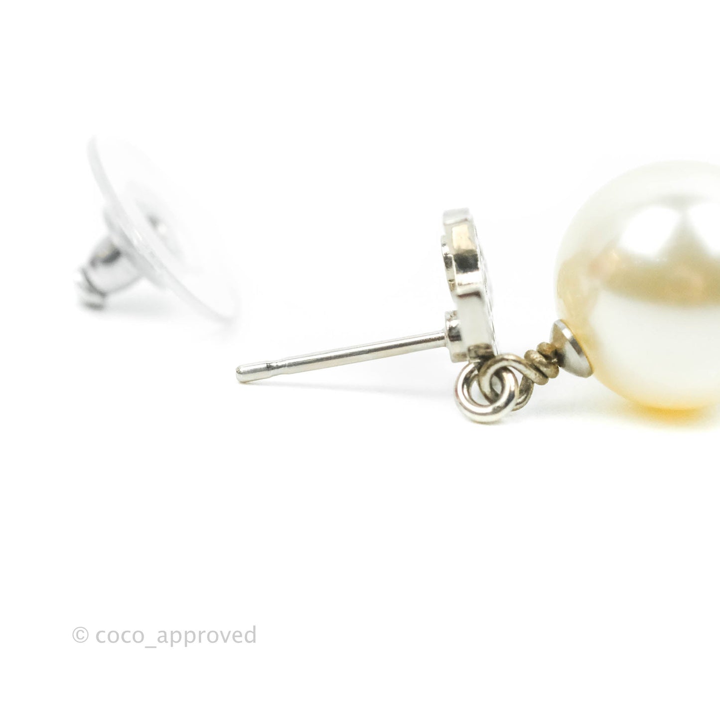 Chanel CC Rhinestone Pearl Drop Earrings Silver Tone 20V