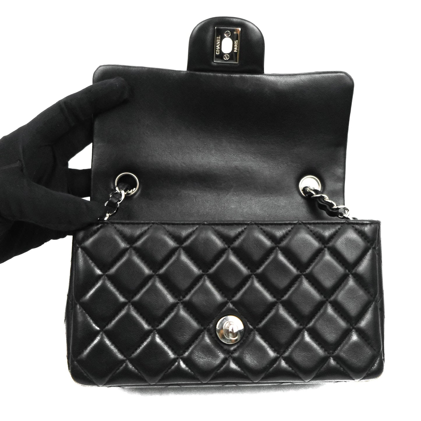 Chanel Quilted Mini Rectangular Flap Black Lambskin Silver Hardware