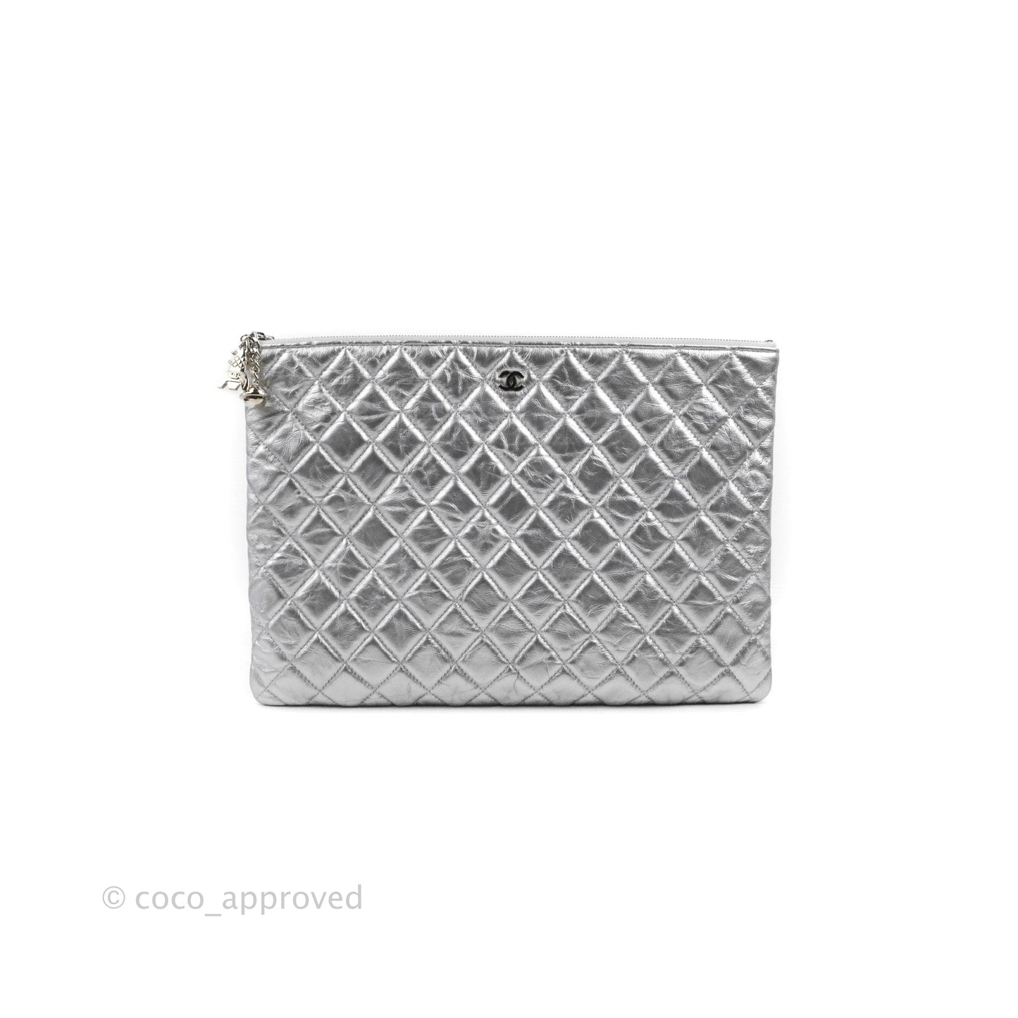 Chanel Quilted Large O Case Metallic Silver With Charms