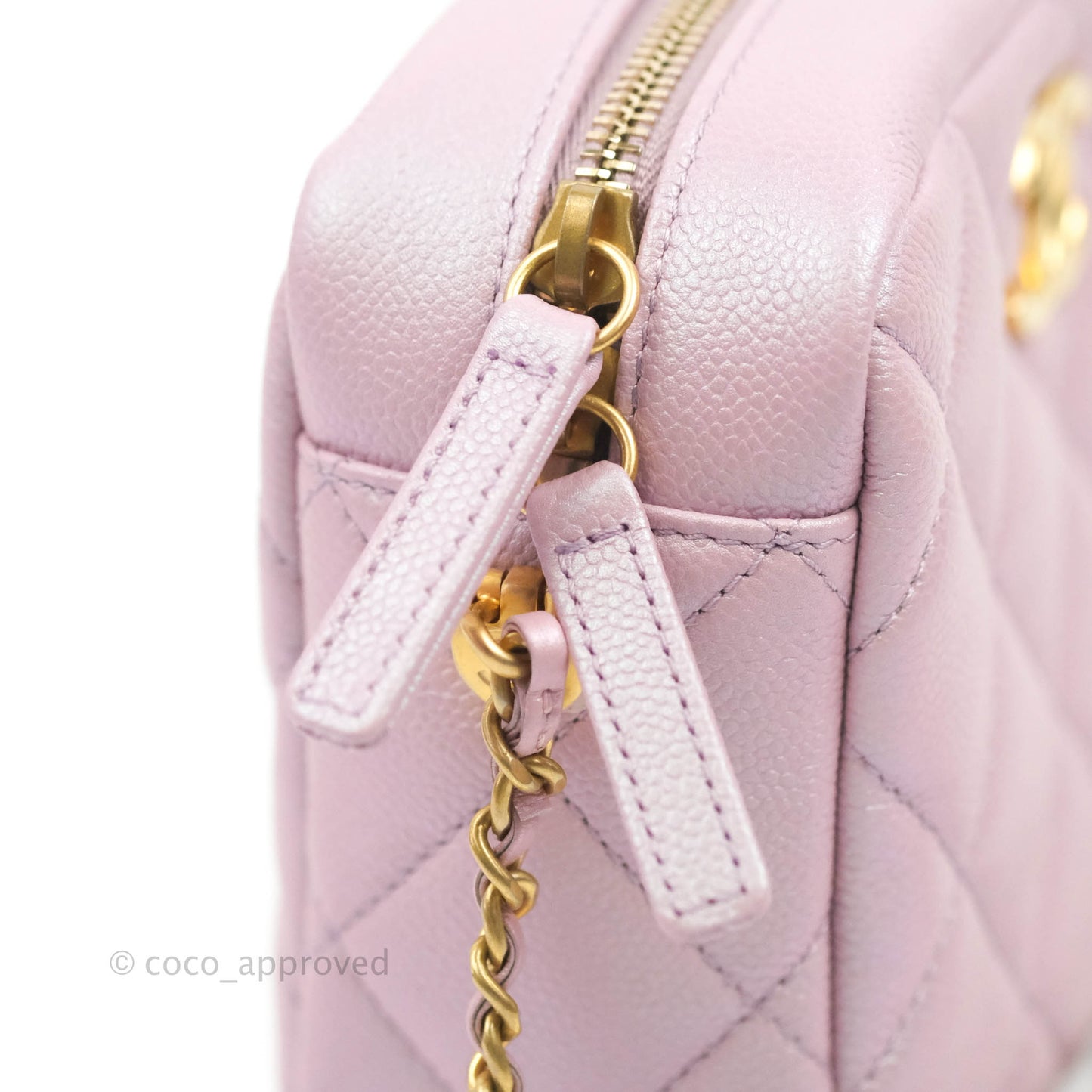 Chanel Quilted My Perfect Camera Case Iridescent Pink Caviar Aged Gold Hardware