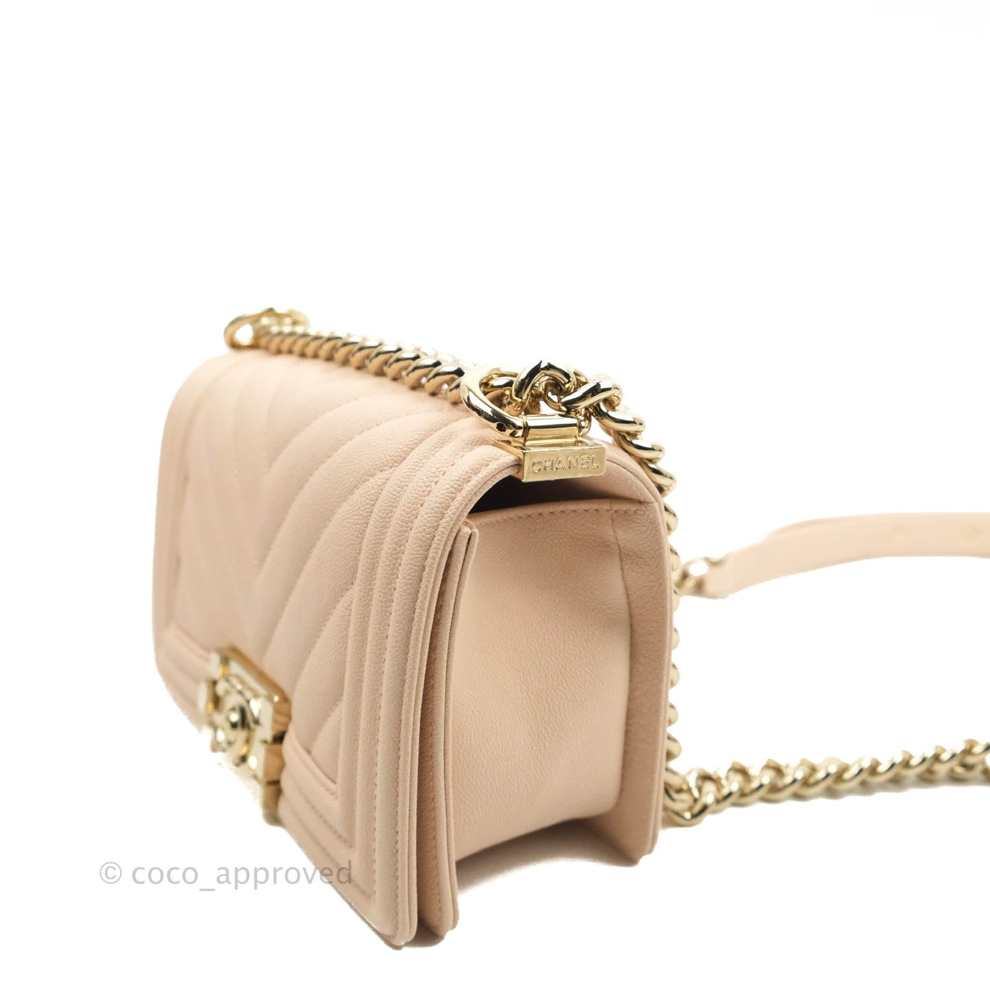 Chanel Small Boy Chevron Light Pink Caviar Gold Hardware