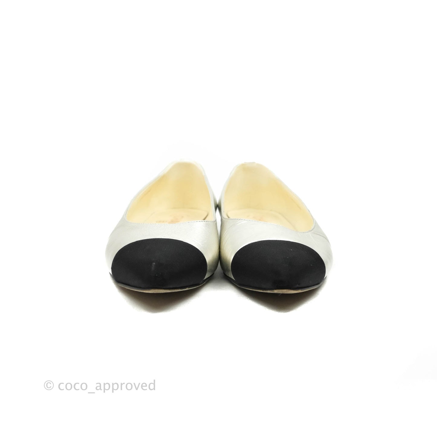 Chanel Silver Black Toe Pointed Pump Flats Size 36