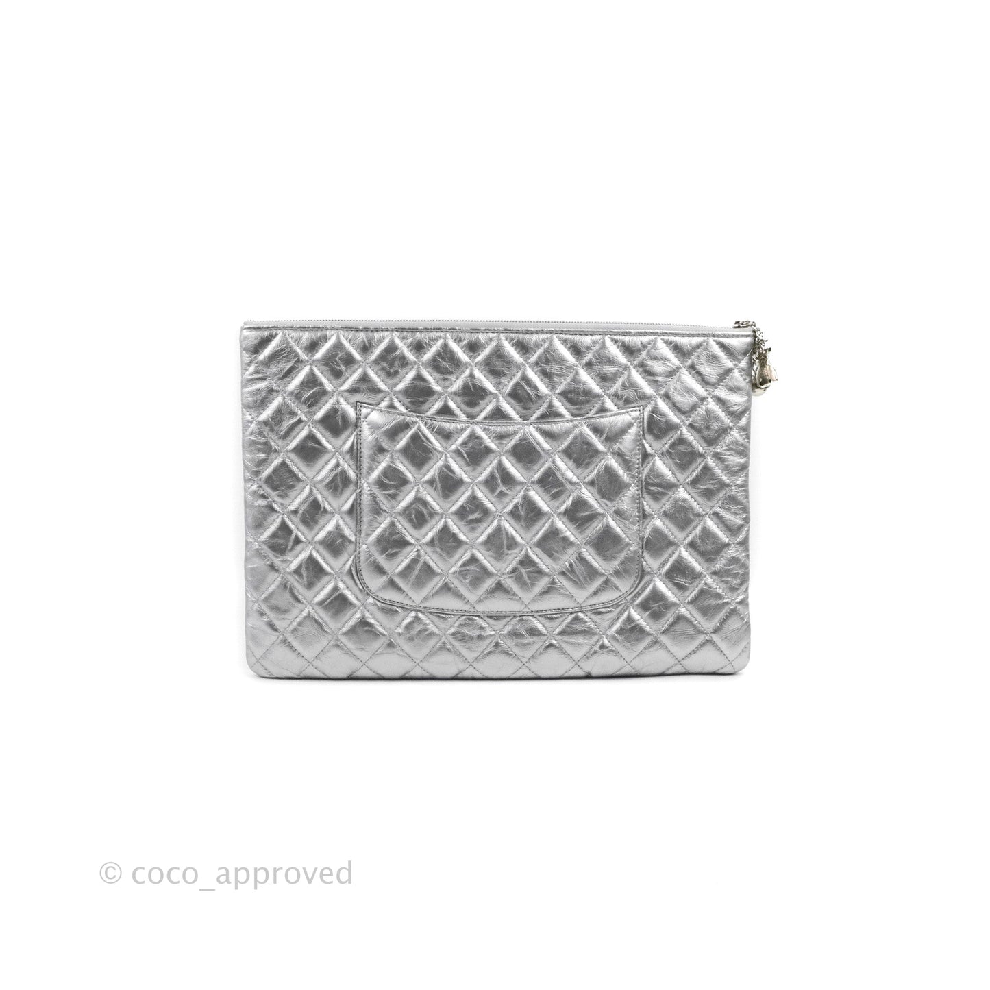 Chanel Quilted Large O Case Metallic Silver With Charms