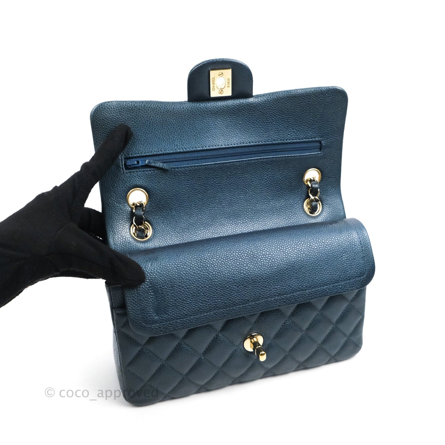 Chanel Small Classic Flap Quilted Iridescent Navy Caviar Gold Hardware 18S