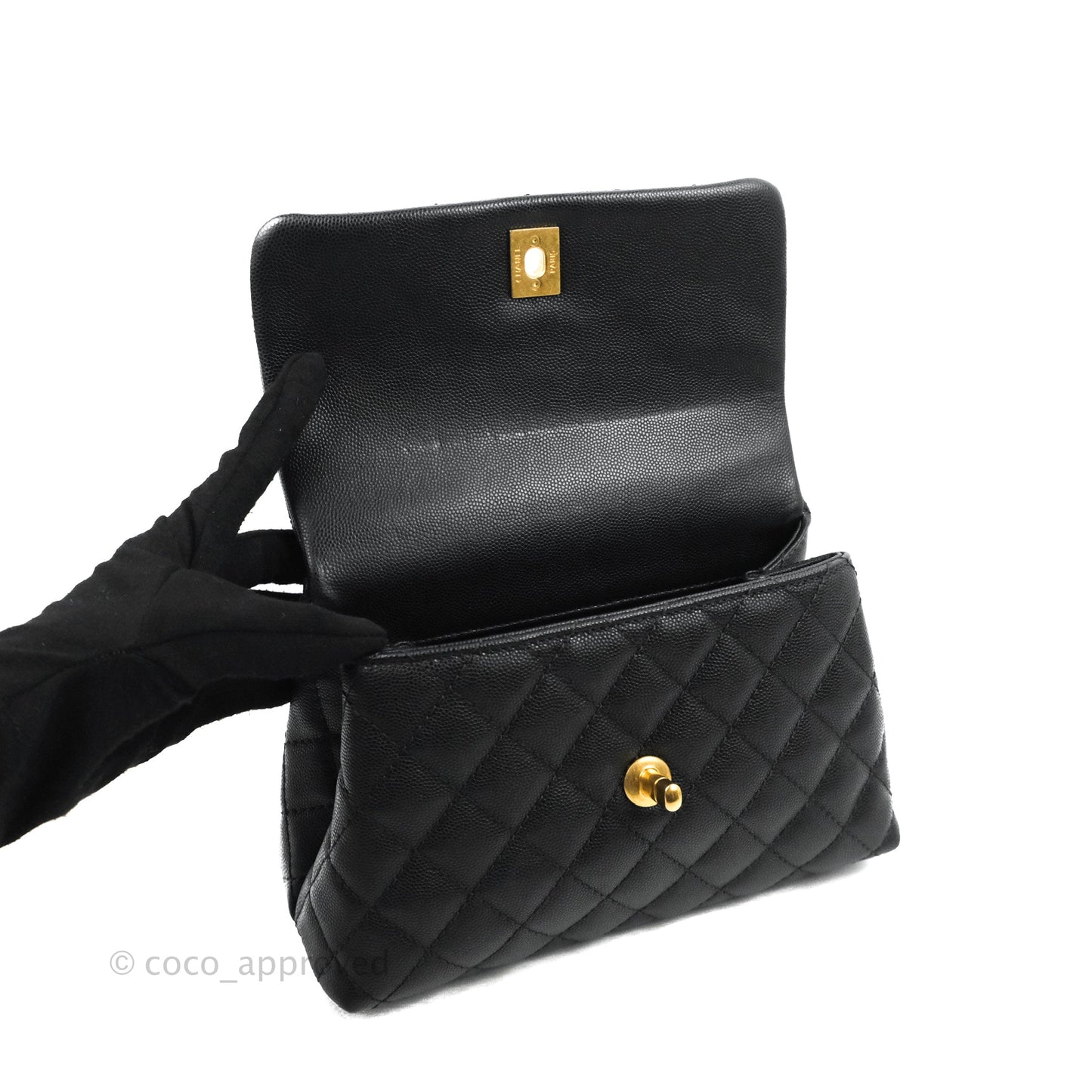 Chanel Small Coco Handle Quilted Black Caviar Aged Gold Hardware Lizard Handle