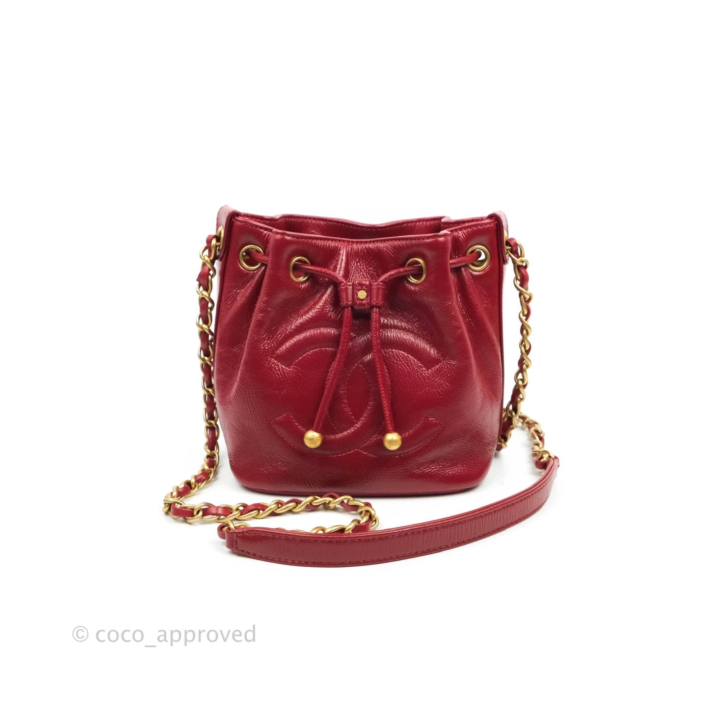 Chanel Shiny Aged Calfskin CC Chain Mini Drawstring Bag Red