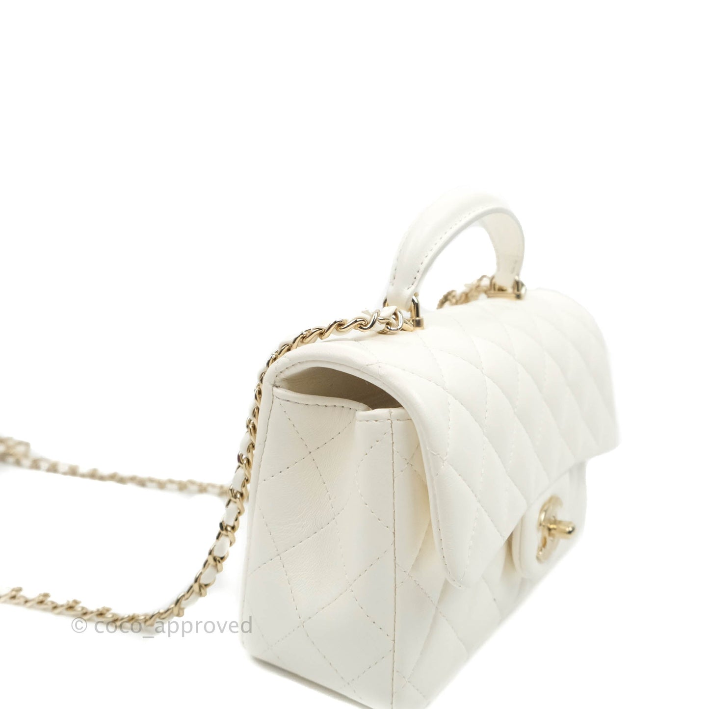 Chanel Top Handle Mini Rectangular Flap Bag with Charm White Lambskin Gold Hardware