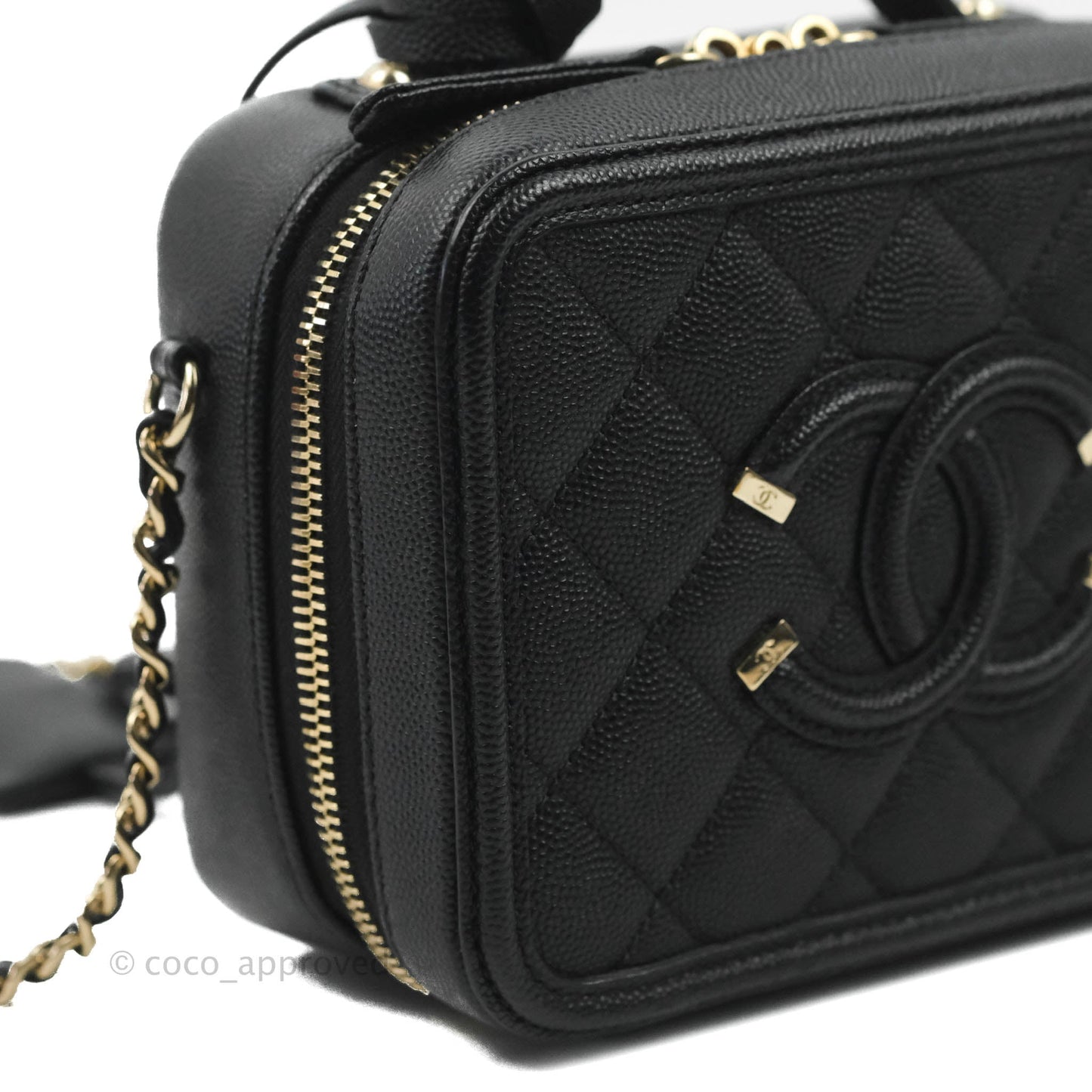 Chanel Quilted Small CC Filigree Vanity Case Black Caviar Gold Hardware