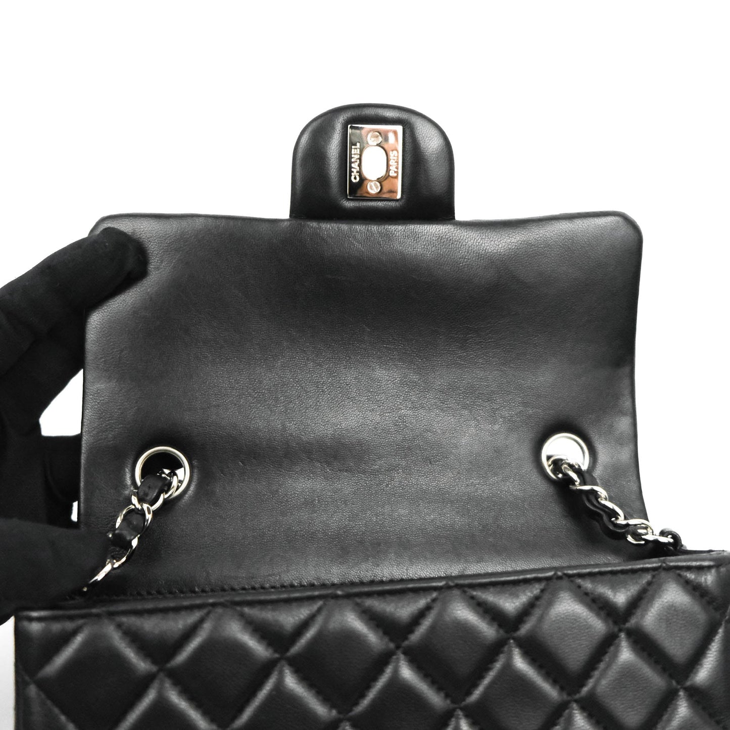 Chanel Quilted Mini Rectangular Flap Black Lambskin Silver Hardware