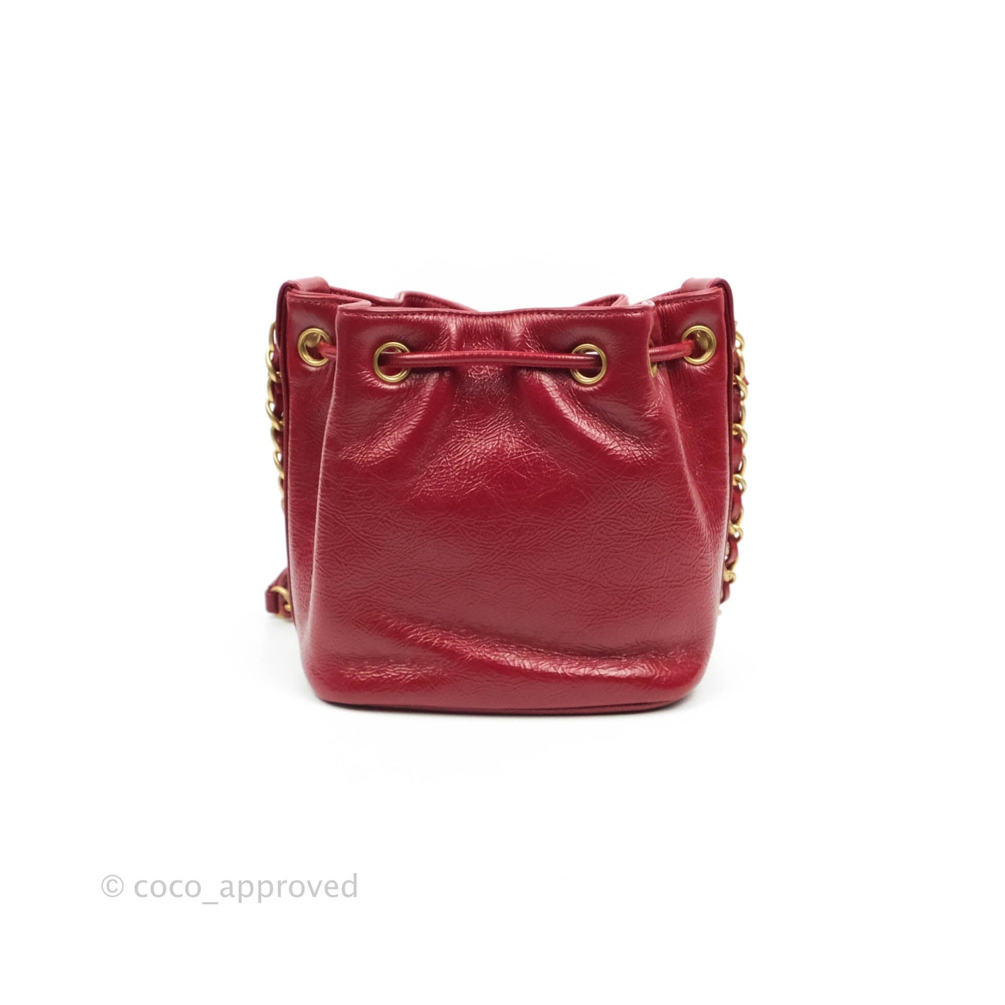 Chanel Shiny Aged Calfskin CC Chain Mini Drawstring Bag Red