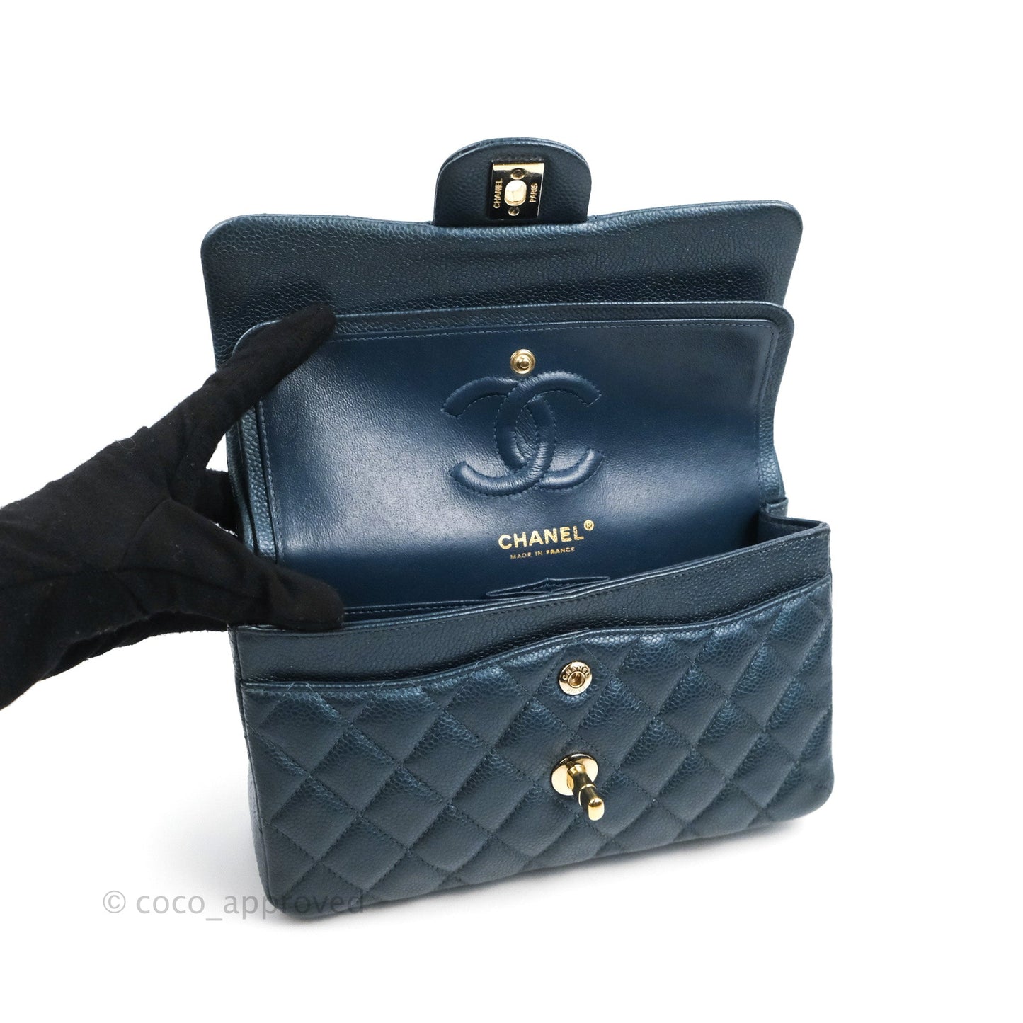 Chanel Small Classic Flap Quilted Iridescent Navy Caviar Gold Hardware 18S