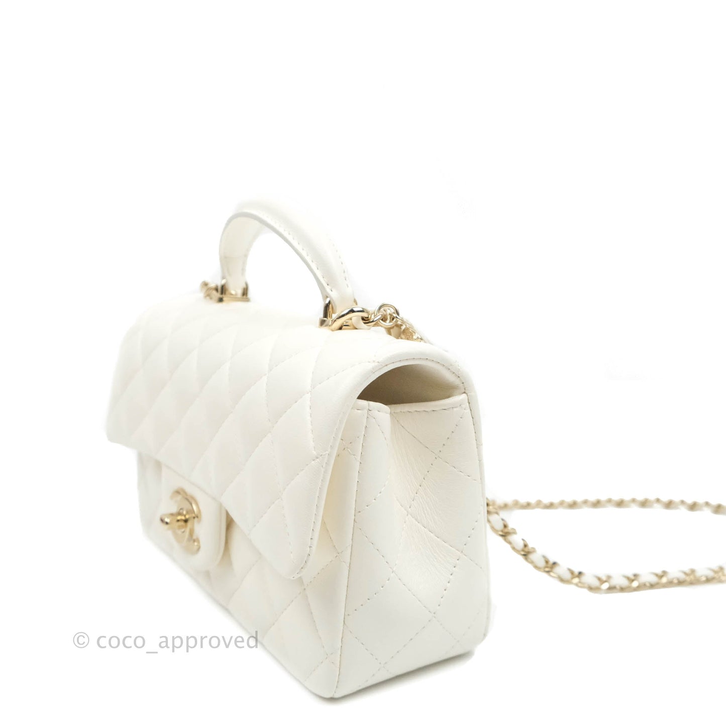 Chanel Top Handle Mini Rectangular Flap Bag with Charm White Lambskin Gold Hardware