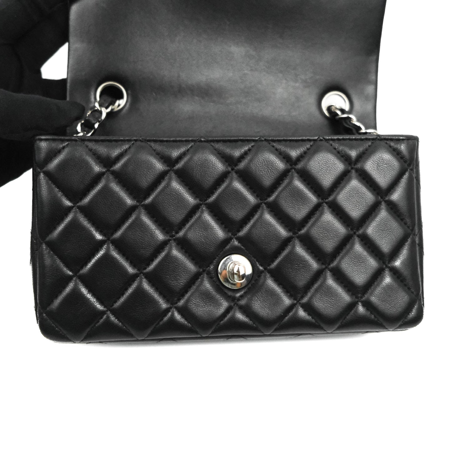 Chanel Quilted Mini Rectangular Flap Black Lambskin Silver Hardware