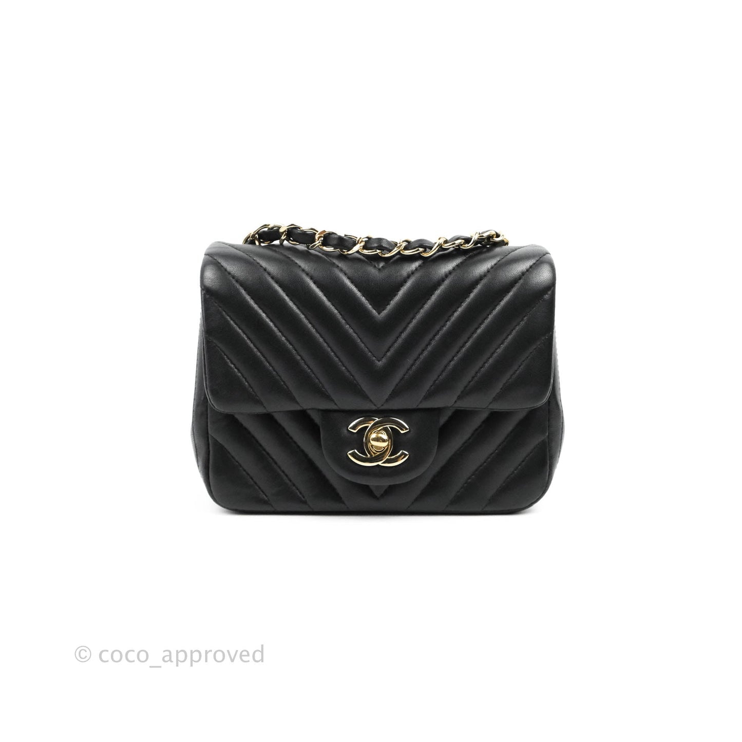 Chanel Mini Square Black Chevron Lambskin Gold Hardware