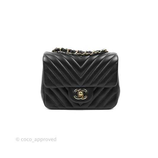 Chanel Mini Square Black Chevron Lambskin Gold Hardware