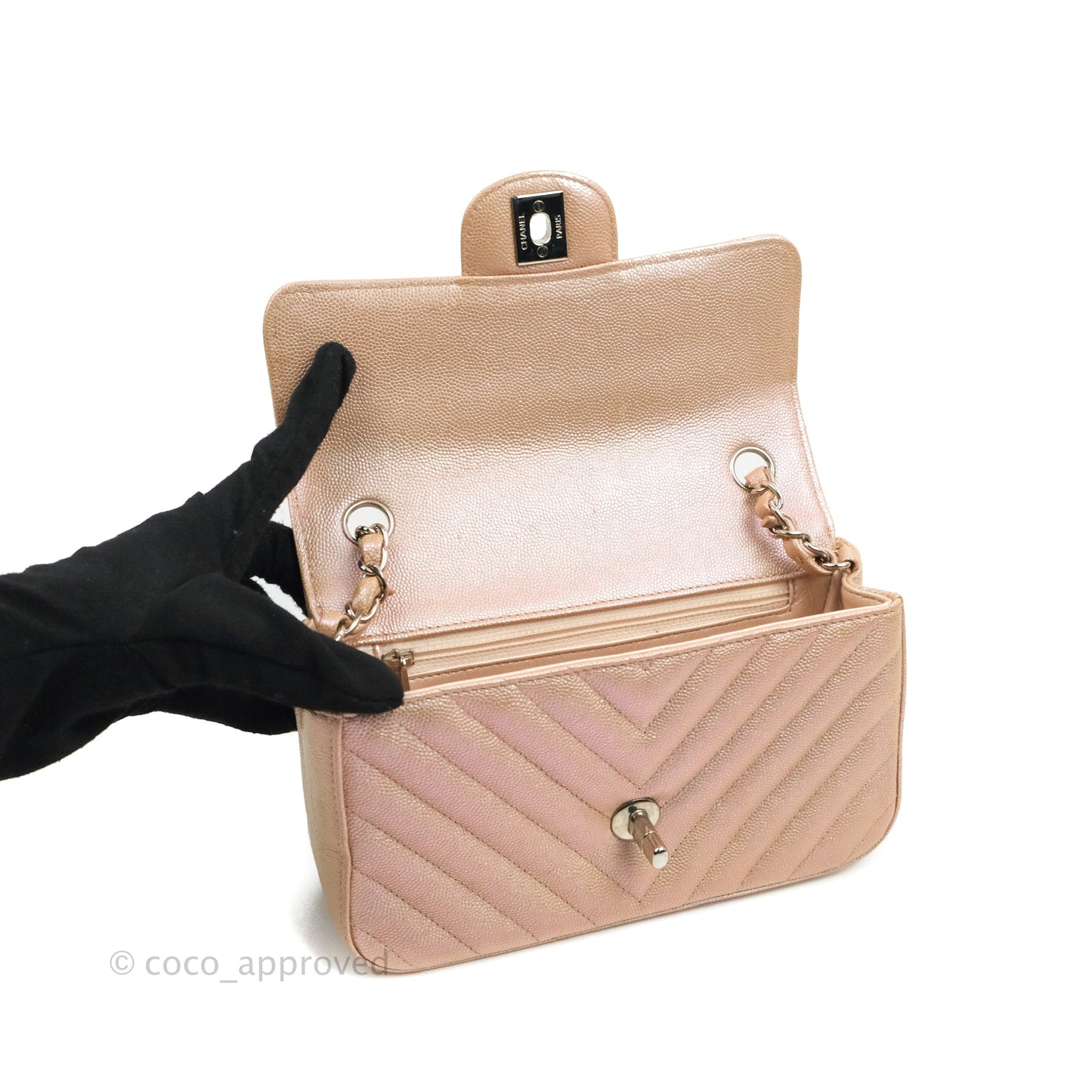 Chanel Quilted Mini Rectangular Flap Iridescent Pink Rose Gold Silver Hardware 17B